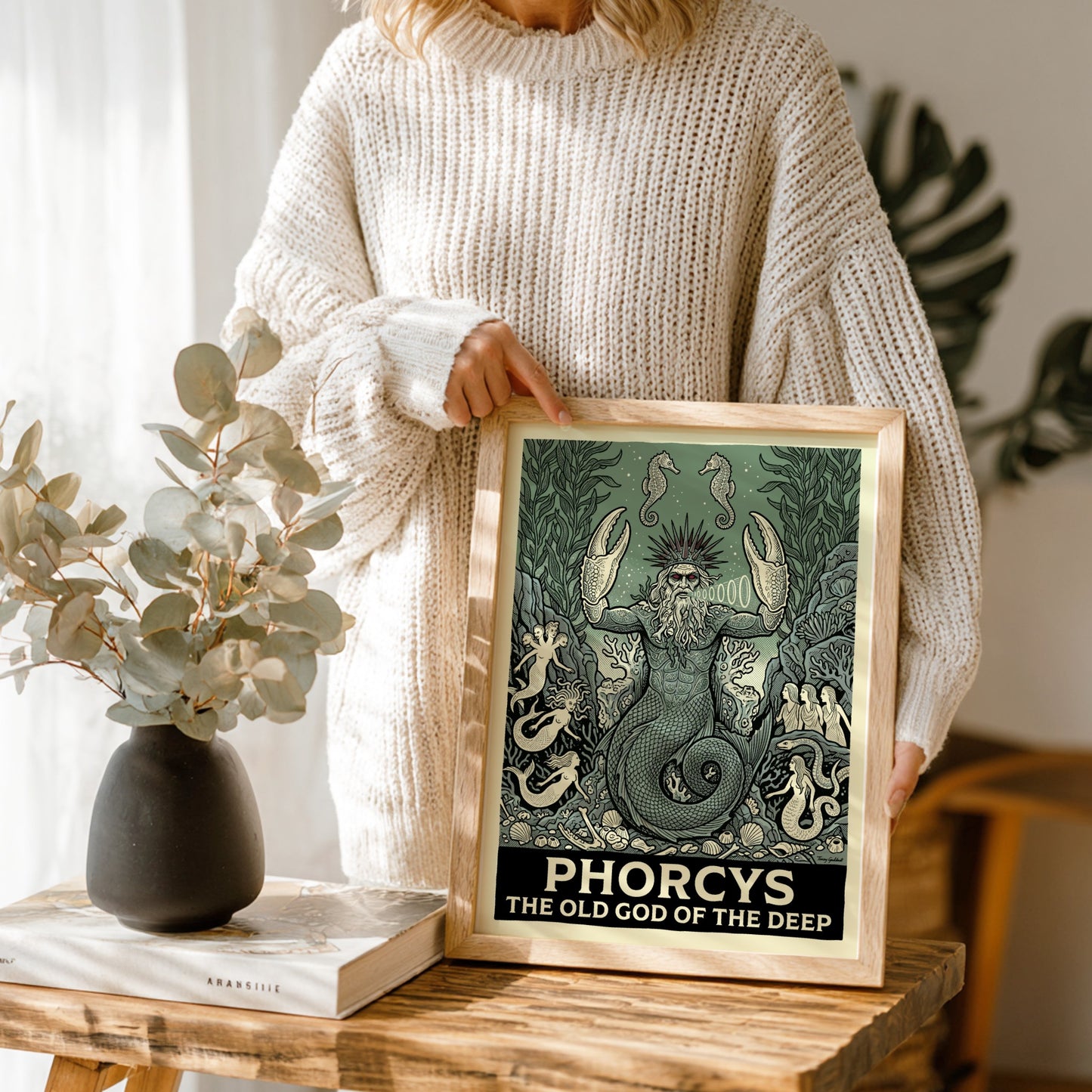 Phorcys Greek Mythology poster featuring the old god of the deep with crab claws and mermaids in a green