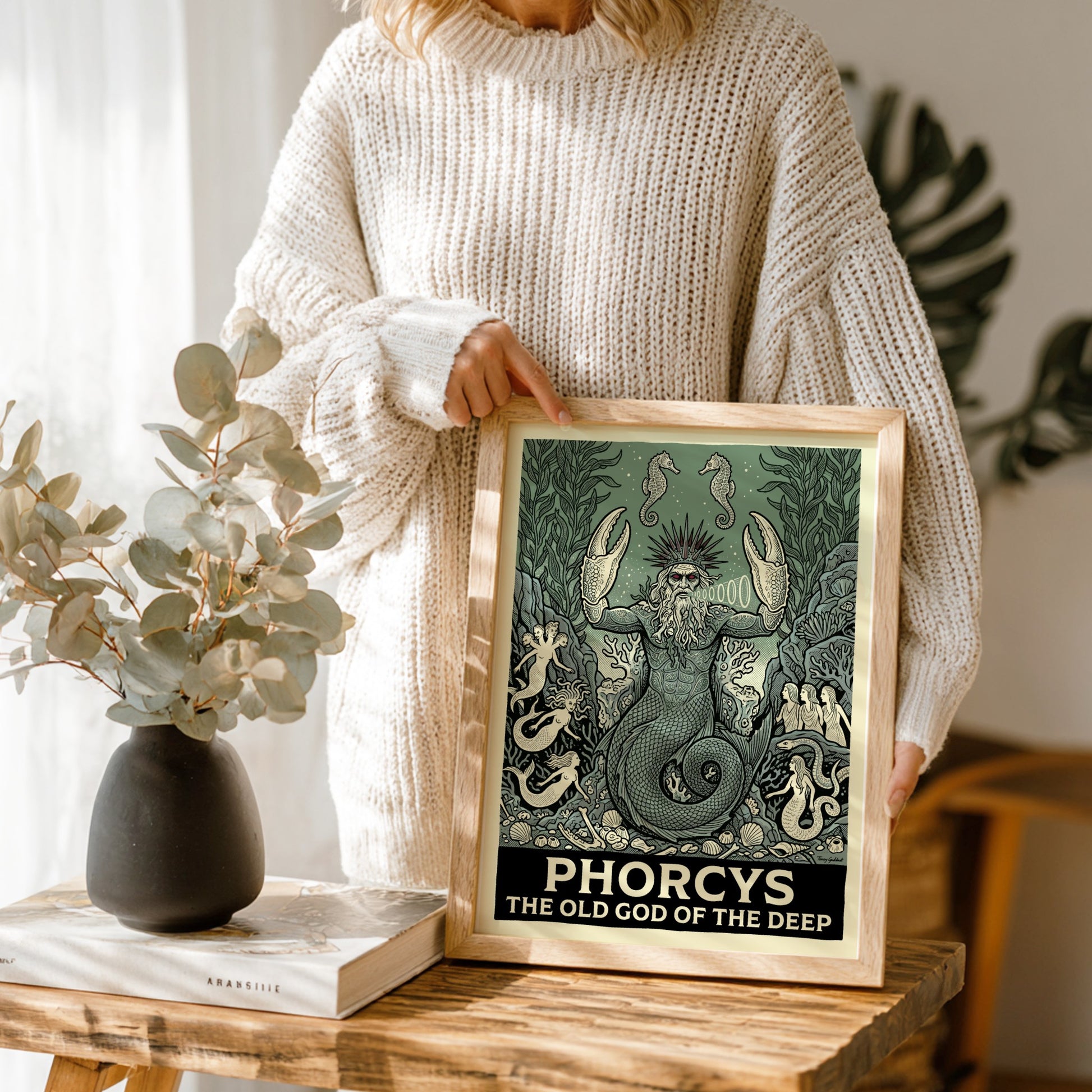 Phorcys Greek Mythology poster featuring the old god of the deep with crab claws and mermaids in a green