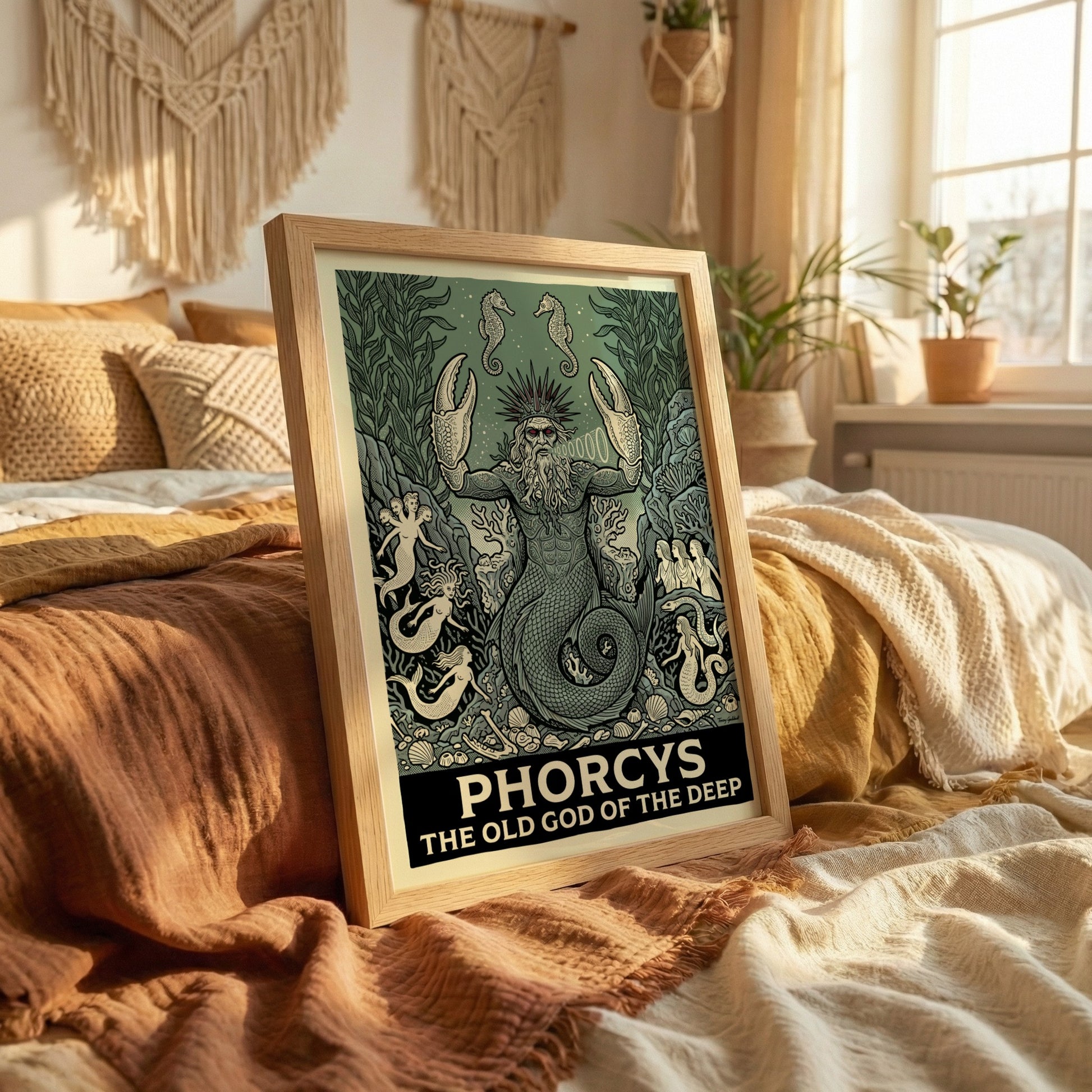 Phorcys Greek Mythology poster featuring the old god of the deep with crab claws and mermaids in a green