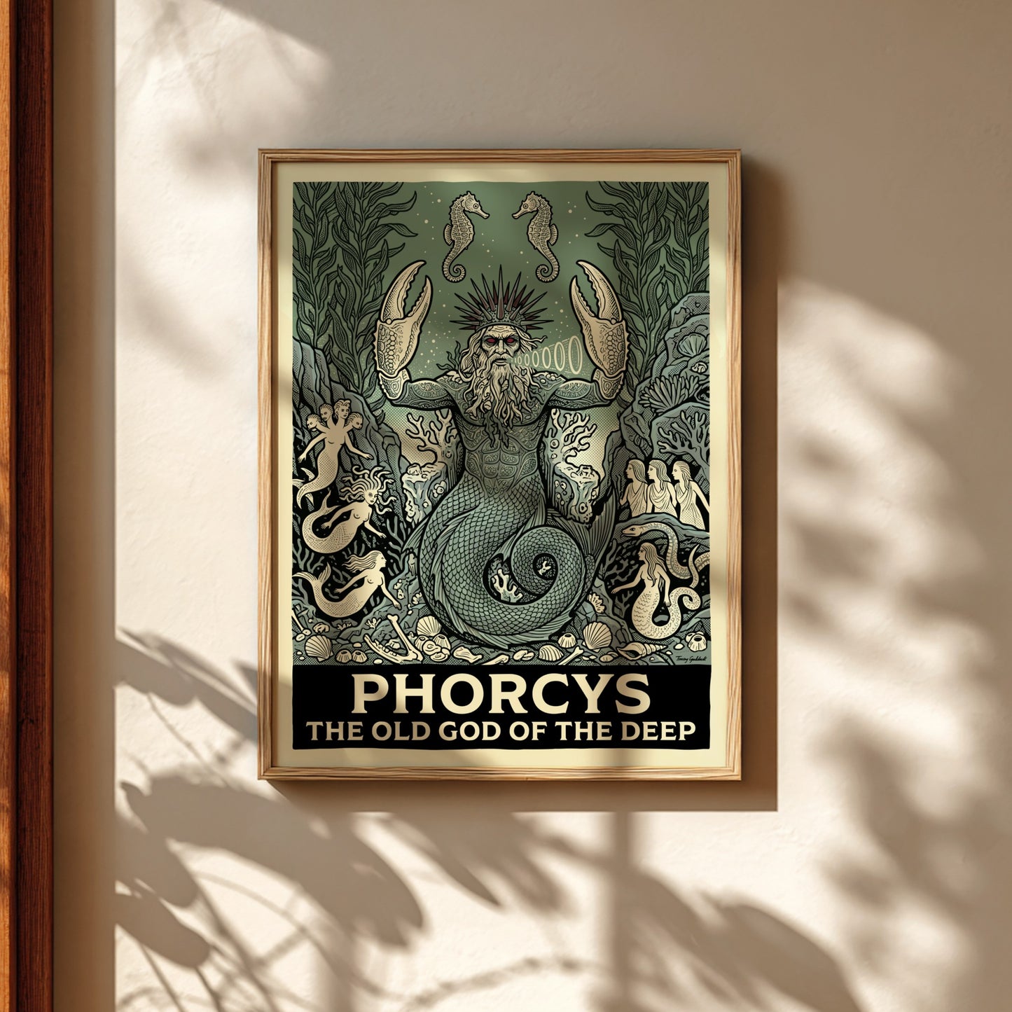 Phorcys Greek Mythology poster featuring the old god of the deep with crab claws and mermaids in a green