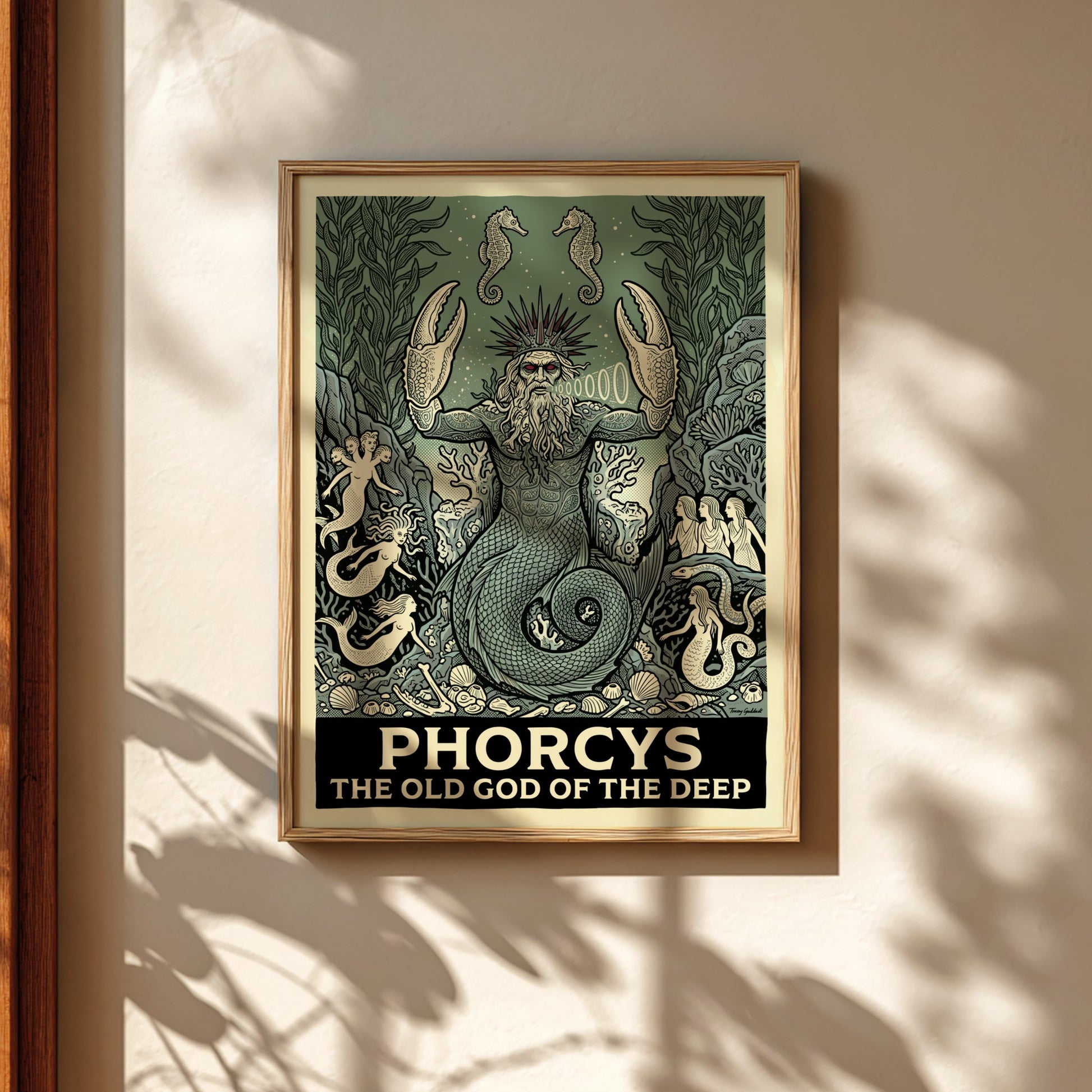 Phorcys Greek Mythology poster featuring the old god of the deep with crab claws and mermaids in a green