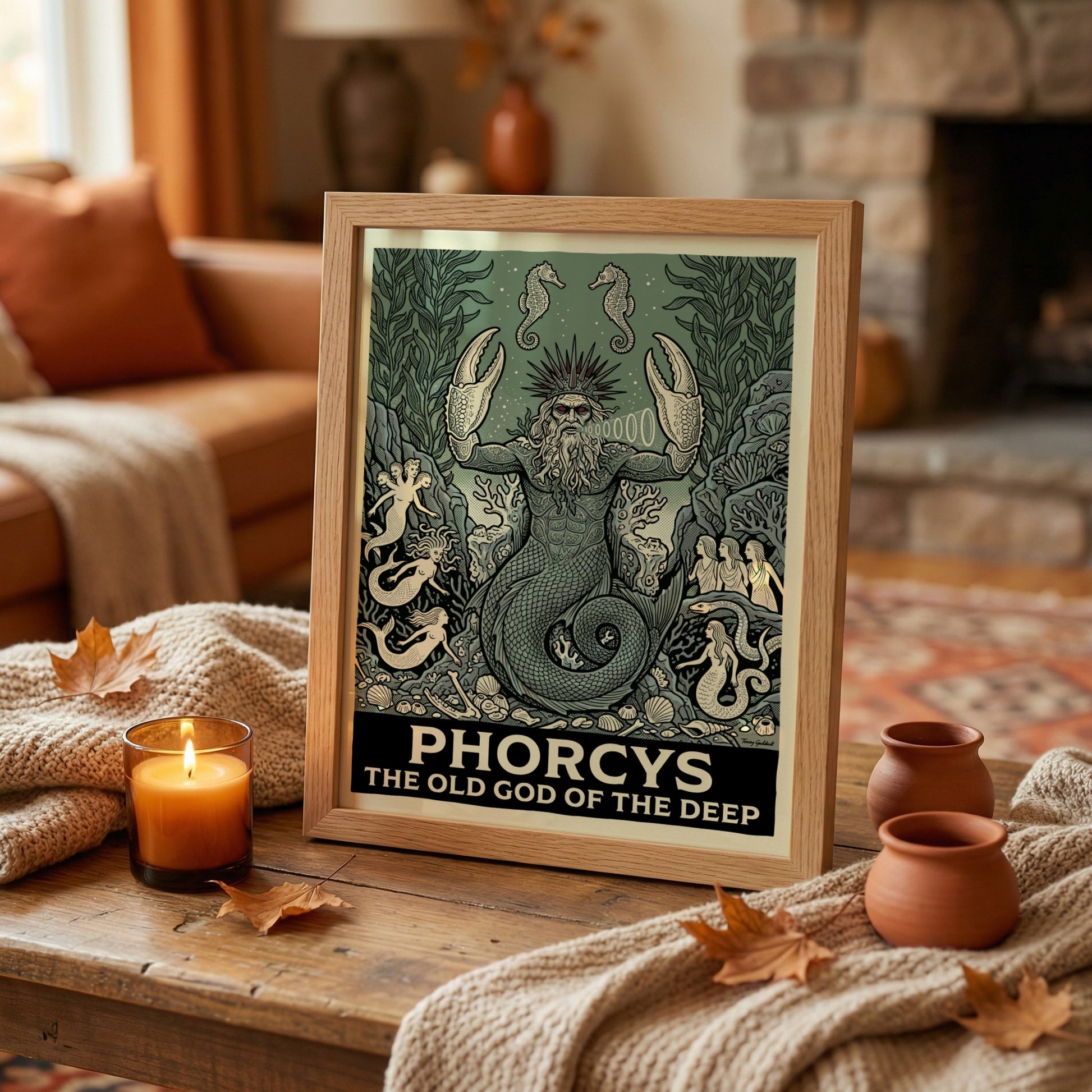 Phorcys Greek Mythology poster featuring the old god of the deep with crab claws and mermaids in a green