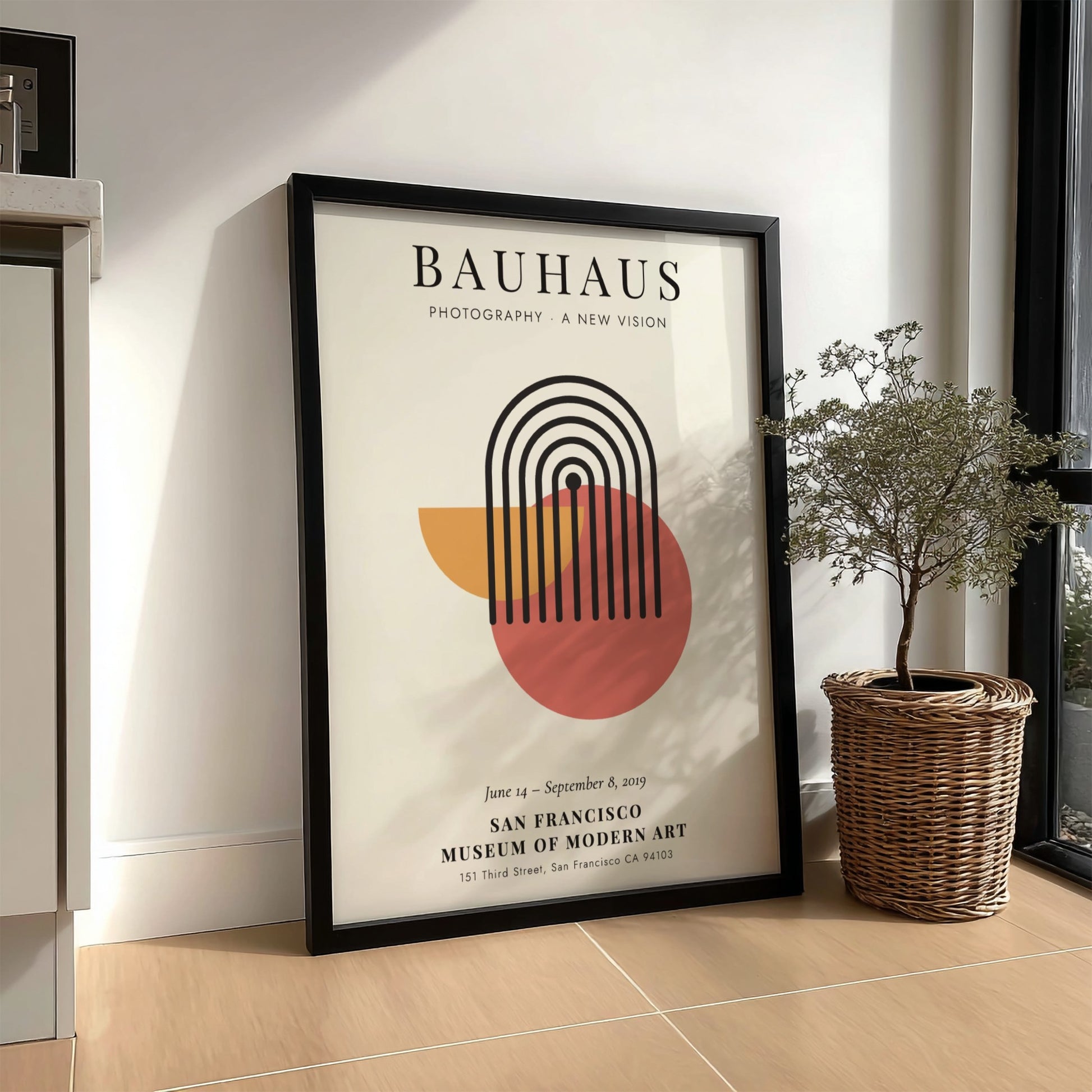 Bauhaus poster featuring geometric shapes and a modern color palette for wall decor