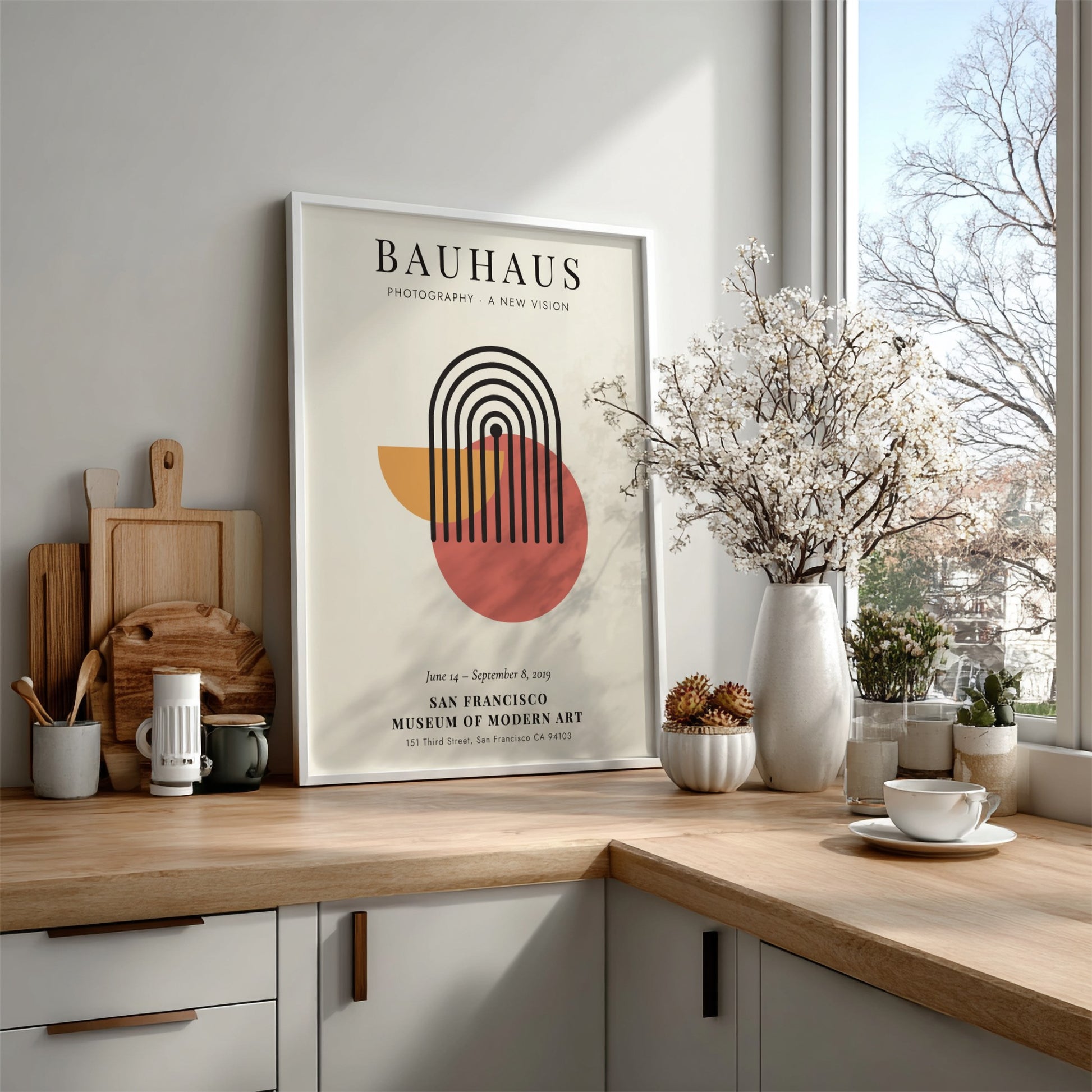 Bauhaus poster featuring geometric shapes and a modern color palette for wall decor