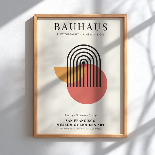 Bauhaus poster featuring geometric shapes and a modern color palette for wall decor