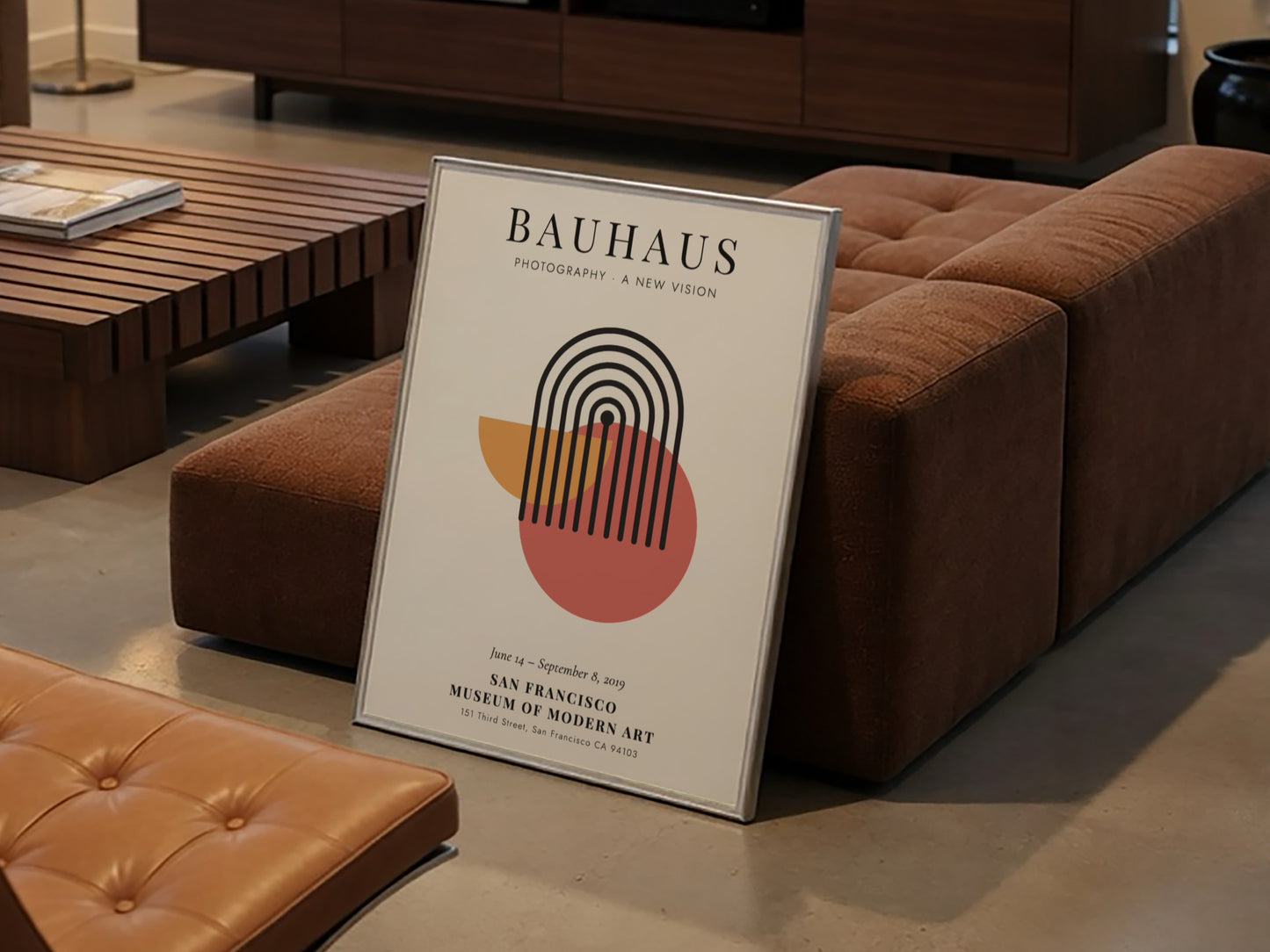 Bauhaus poster featuring geometric shapes and a modern color palette for wall decor