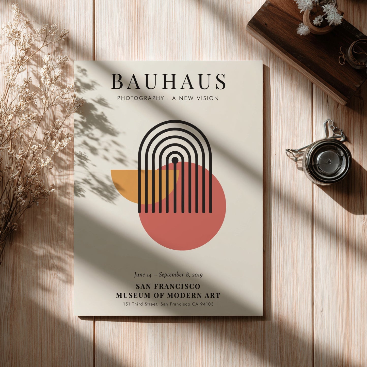 Bauhaus poster featuring geometric shapes and a modern color palette for wall decor