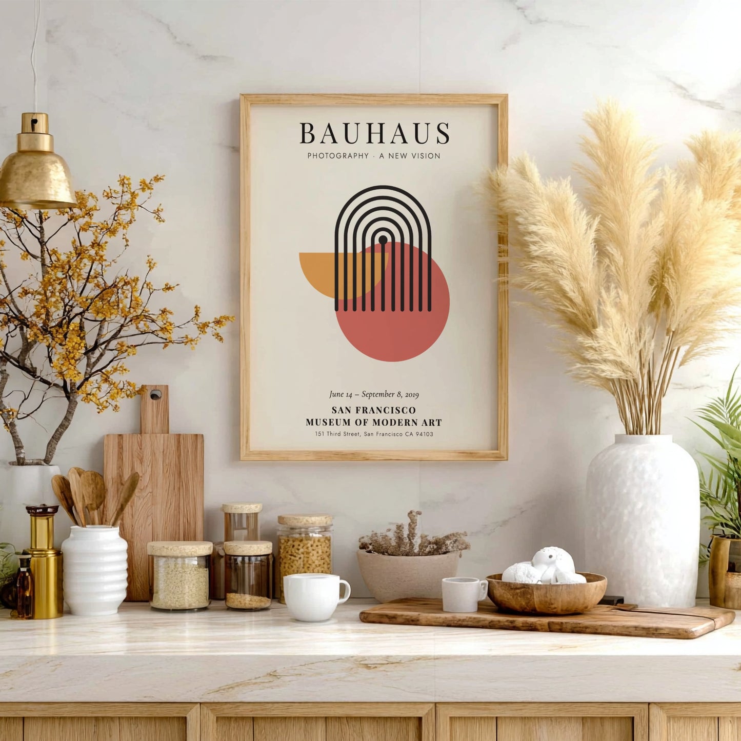 Bauhaus poster featuring geometric shapes and a modern color palette for wall decor