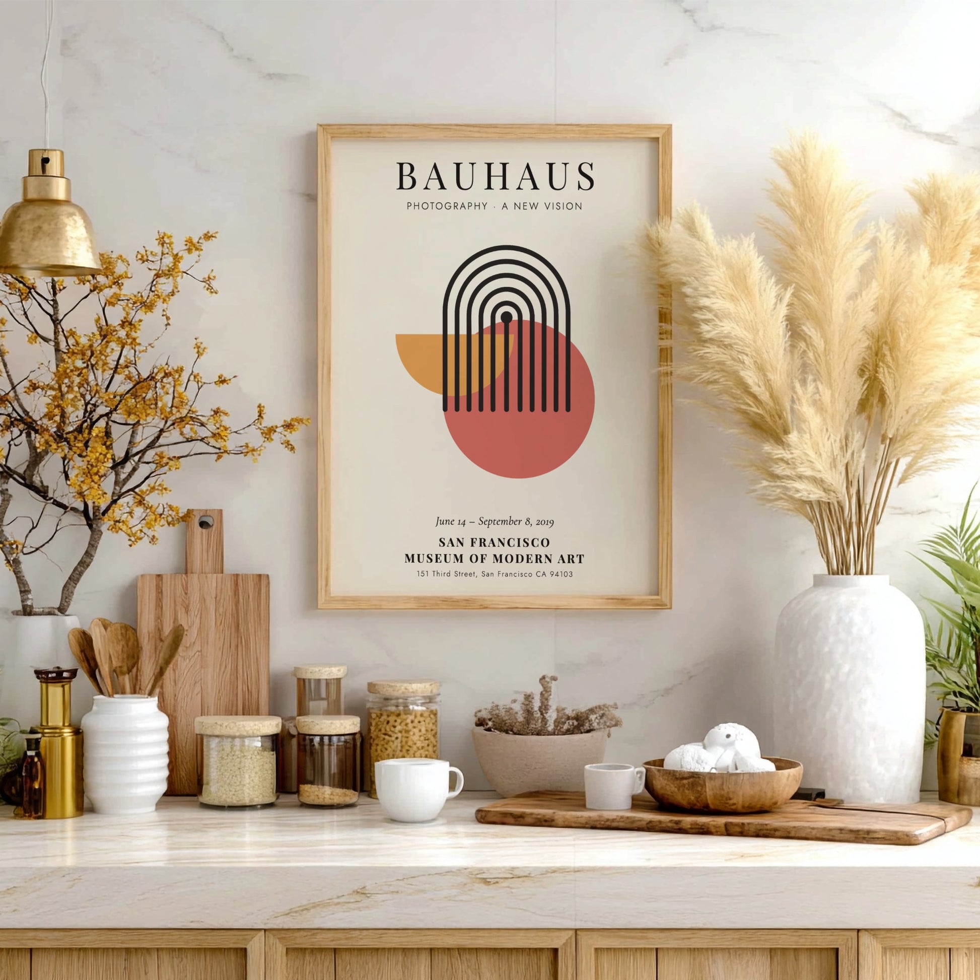 Bauhaus poster featuring geometric shapes and a modern color palette for wall decor