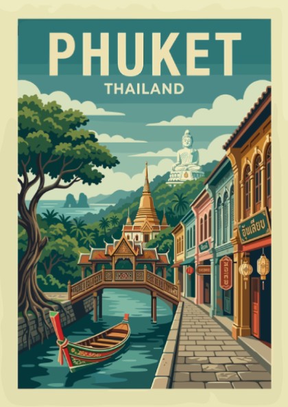 Phuket Thailand travel poster featuring a canal, colorful buildings, and a boat in a vintage illustration