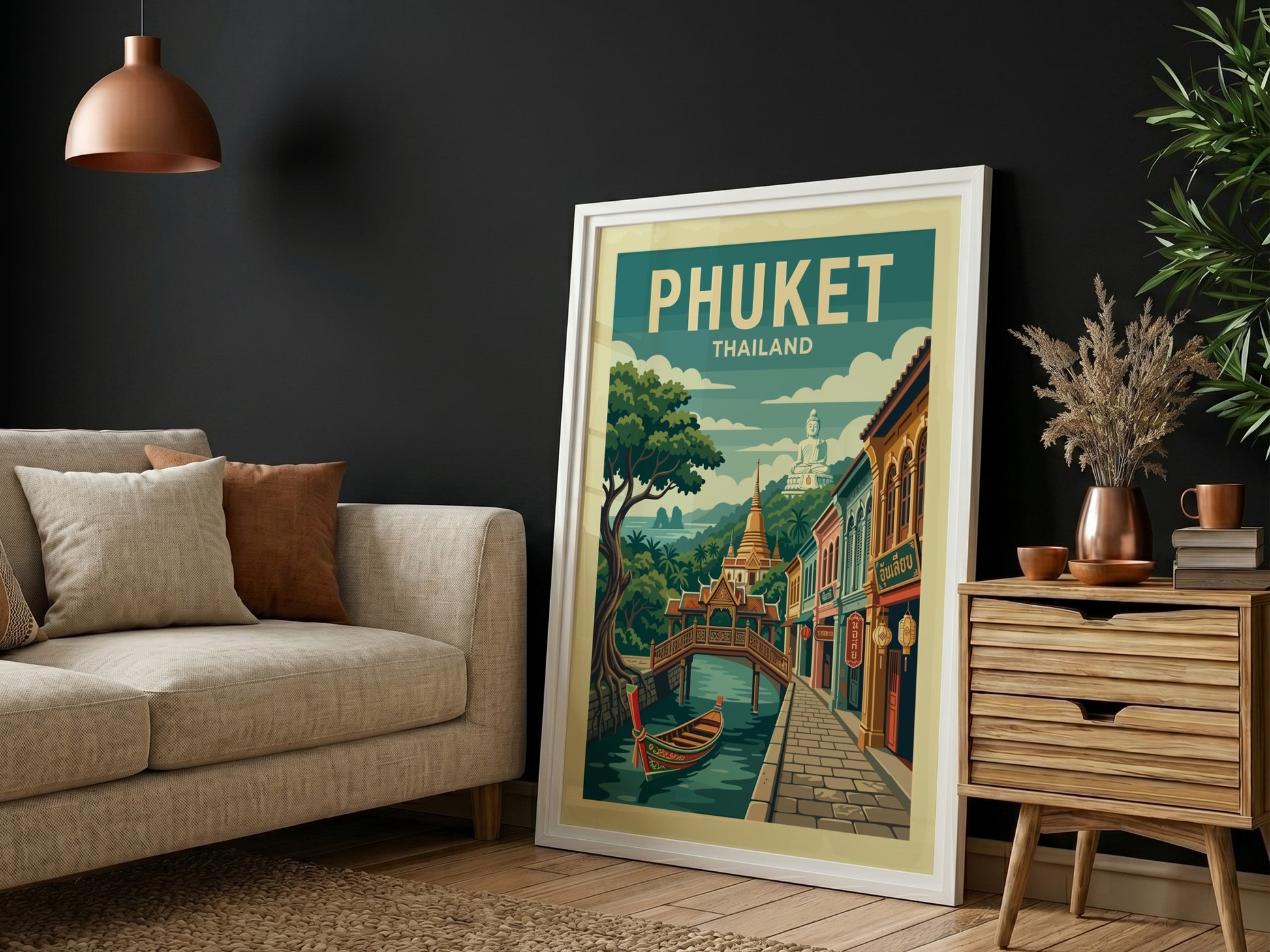 Phuket Thailand travel poster featuring a canal, colorful buildings, and a boat in a vintage illustration