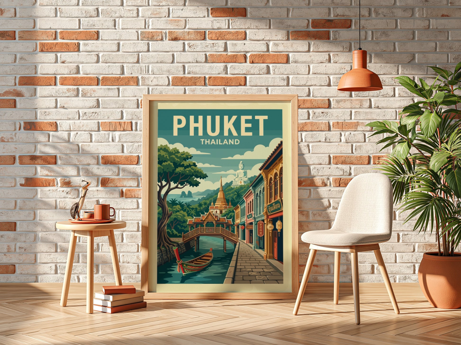 Phuket Thailand travel poster featuring a canal, colorful buildings, and a boat in a vintage illustration