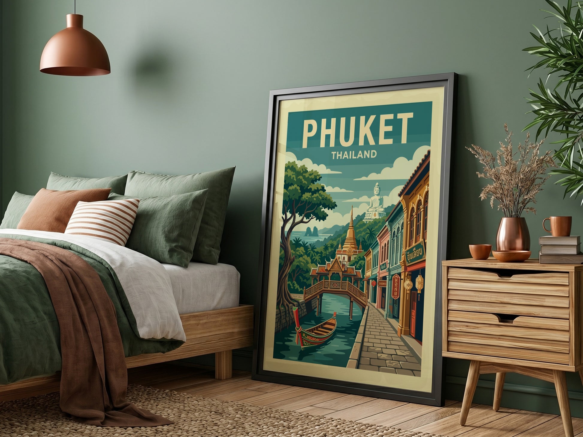 Phuket Thailand travel poster featuring a canal, colorful buildings, and a boat in a vintage illustration