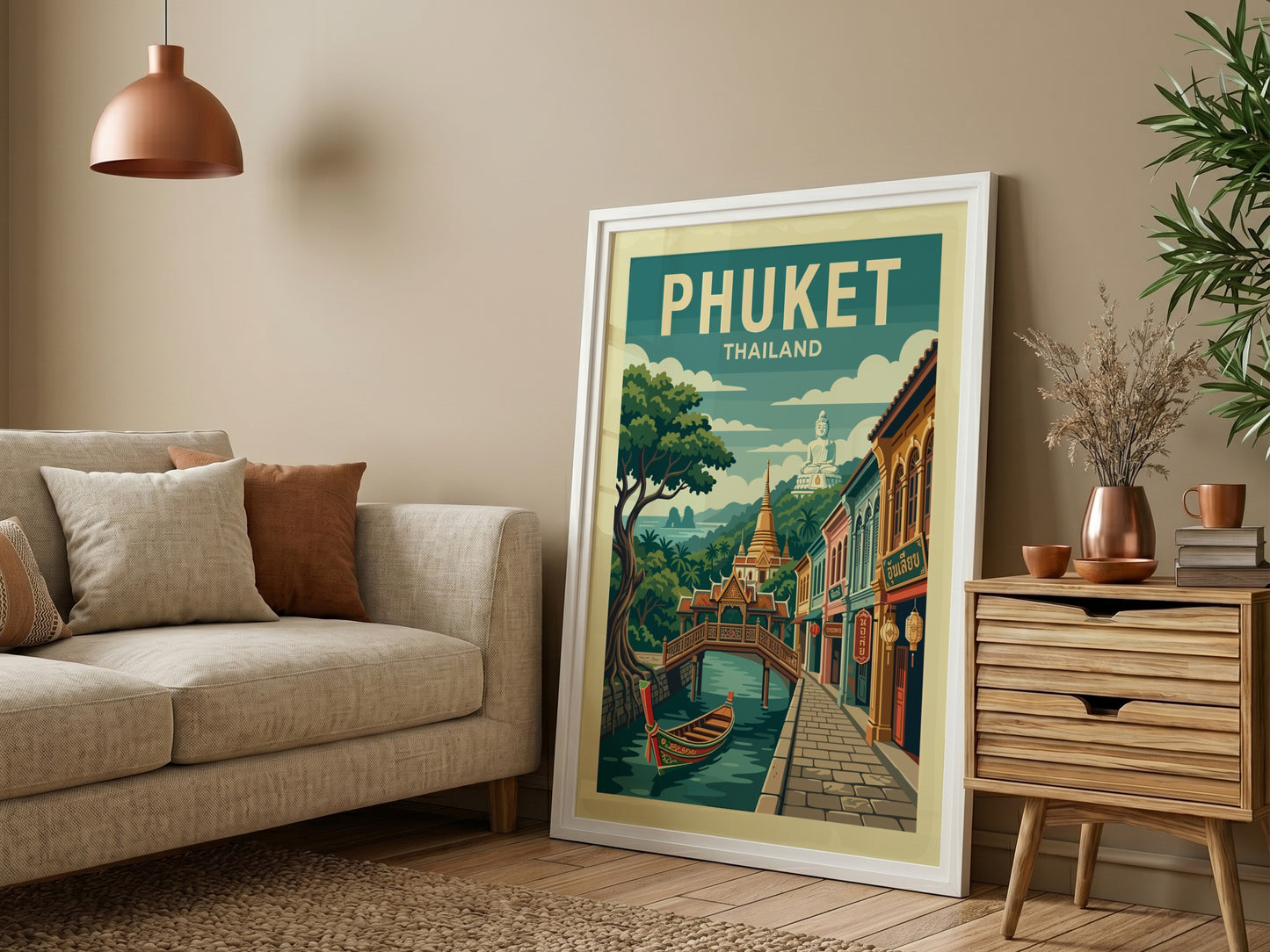 Phuket Thailand travel poster featuring a canal, colorful buildings, and a boat in a vintage illustration