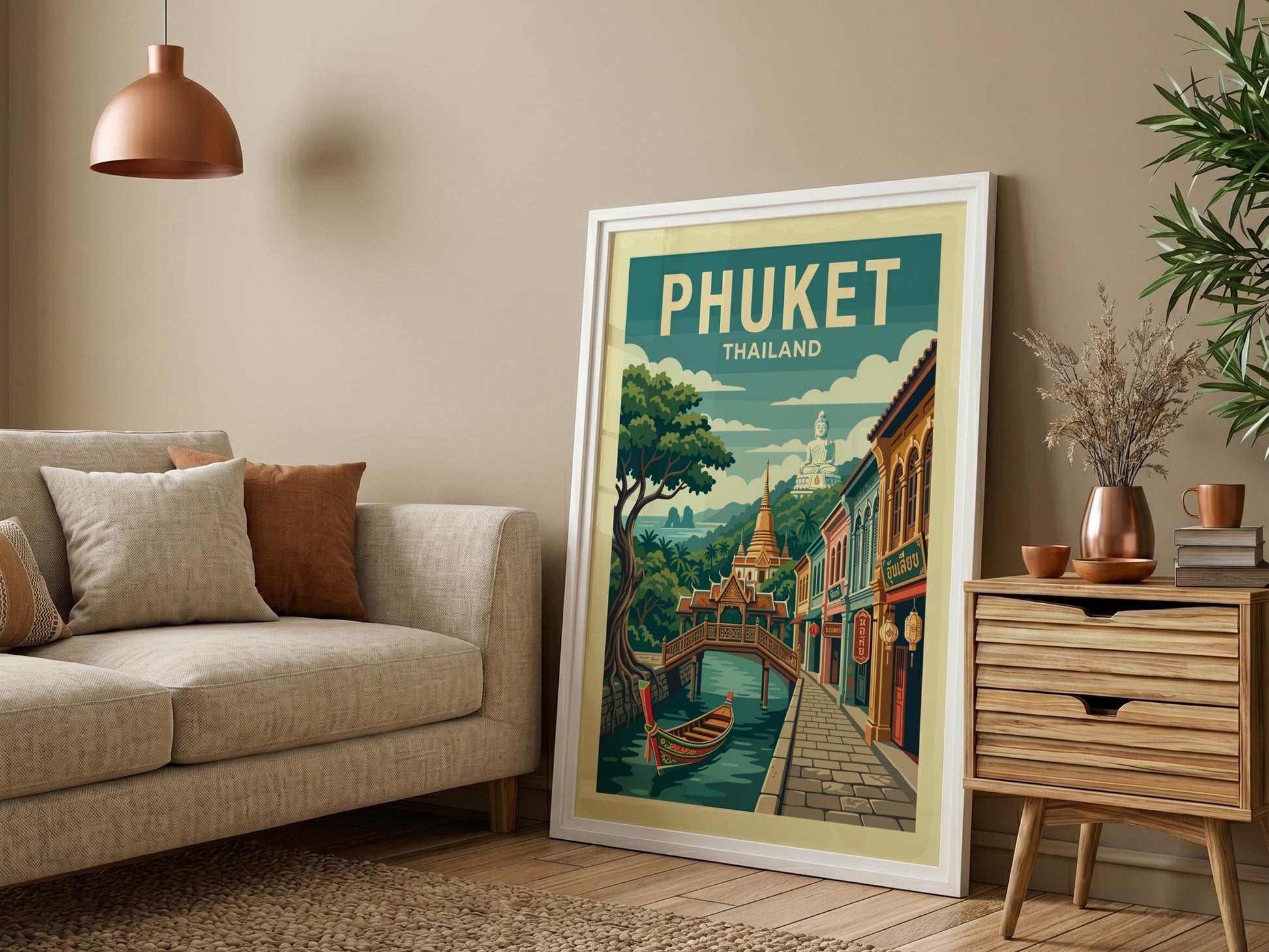 Phuket Thailand travel poster featuring a canal, colorful buildings, and a boat in a vintage illustration