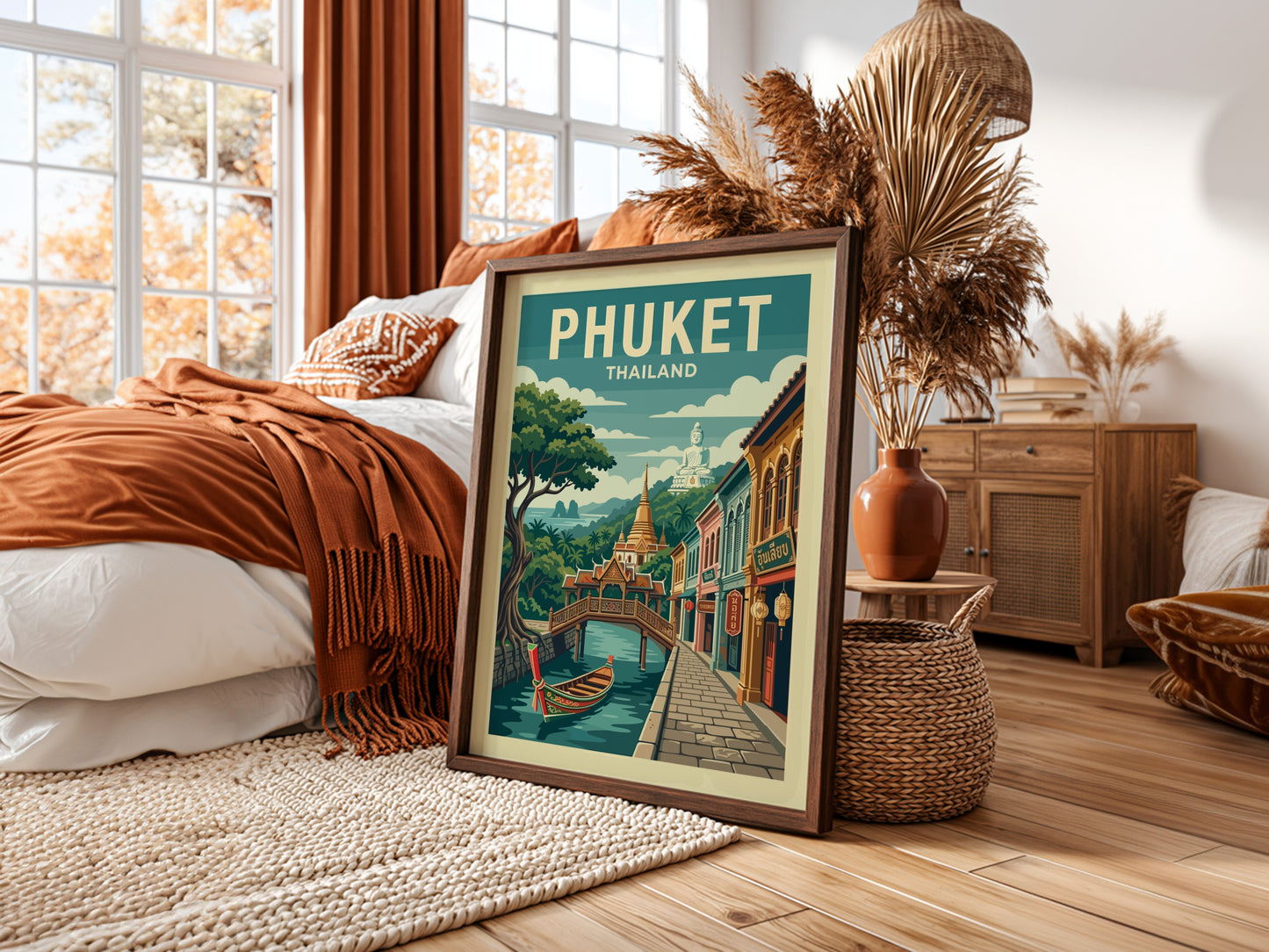 Phuket Thailand travel poster featuring a canal, colorful buildings, and a boat in a vintage illustration