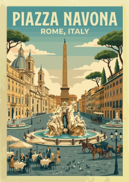 Piazza Navona travel poster featuring vintage style, warm colors, and iconic Roman architecture