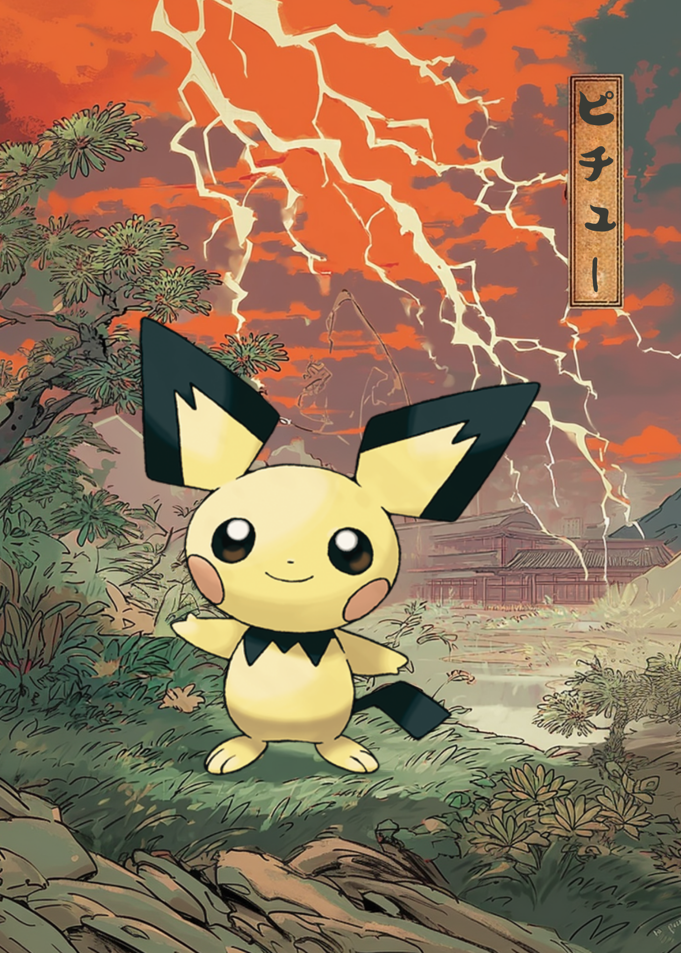 Pichu Pokemon in a stylized landscape with dramatic sky