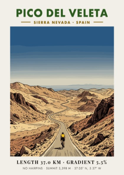 Poster of a cyclist climbing the rugged Pico Del Veleta in the Spanish Sierra Nevada.