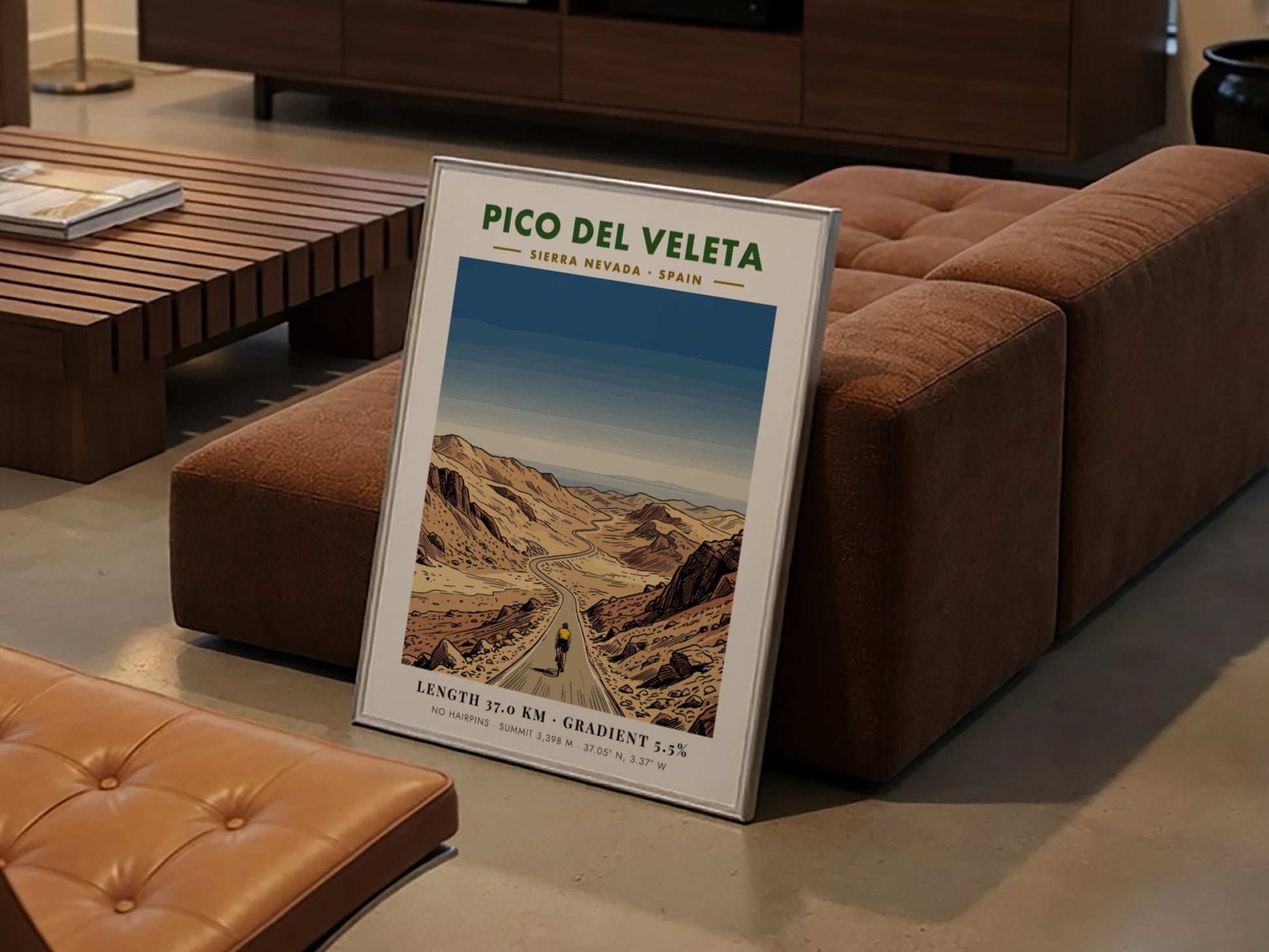 Poster of a cyclist climbing the rugged Pico Del Veleta in the Spanish Sierra Nevada.