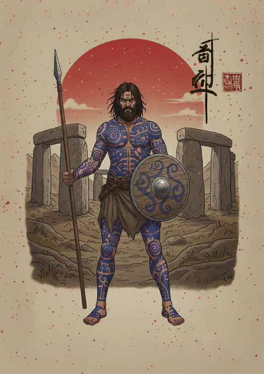 Illustration of a warrior with tribal patterns, holding a spear and shield, against a stonehenge-like background.