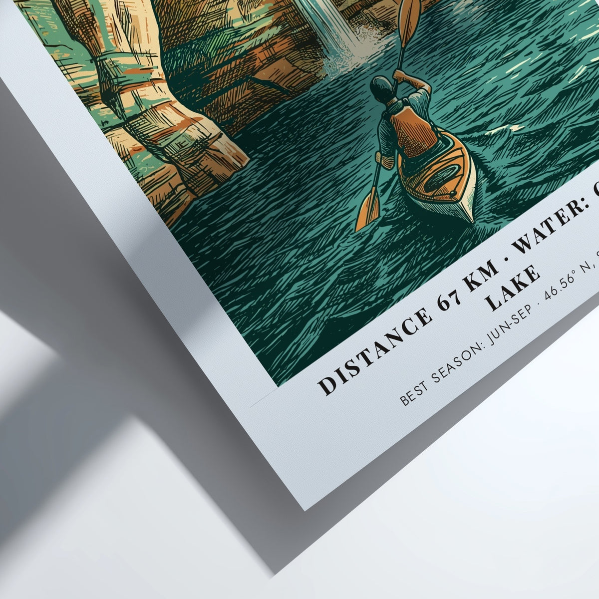 Poster of a kayaker paddling beneath colorful Pictured Rocks cliffs and a waterfall