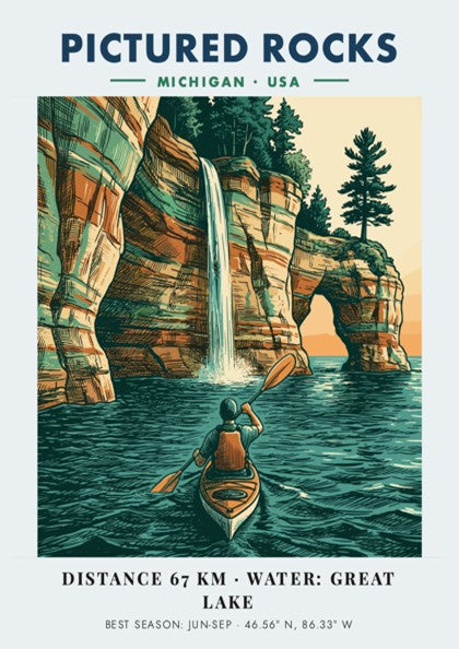 Poster of a kayaker paddling beneath colorful Pictured Rocks cliffs and a waterfall