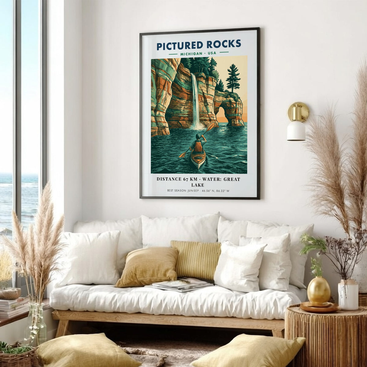 Poster of a kayaker paddling beneath colorful Pictured Rocks cliffs and a waterfall