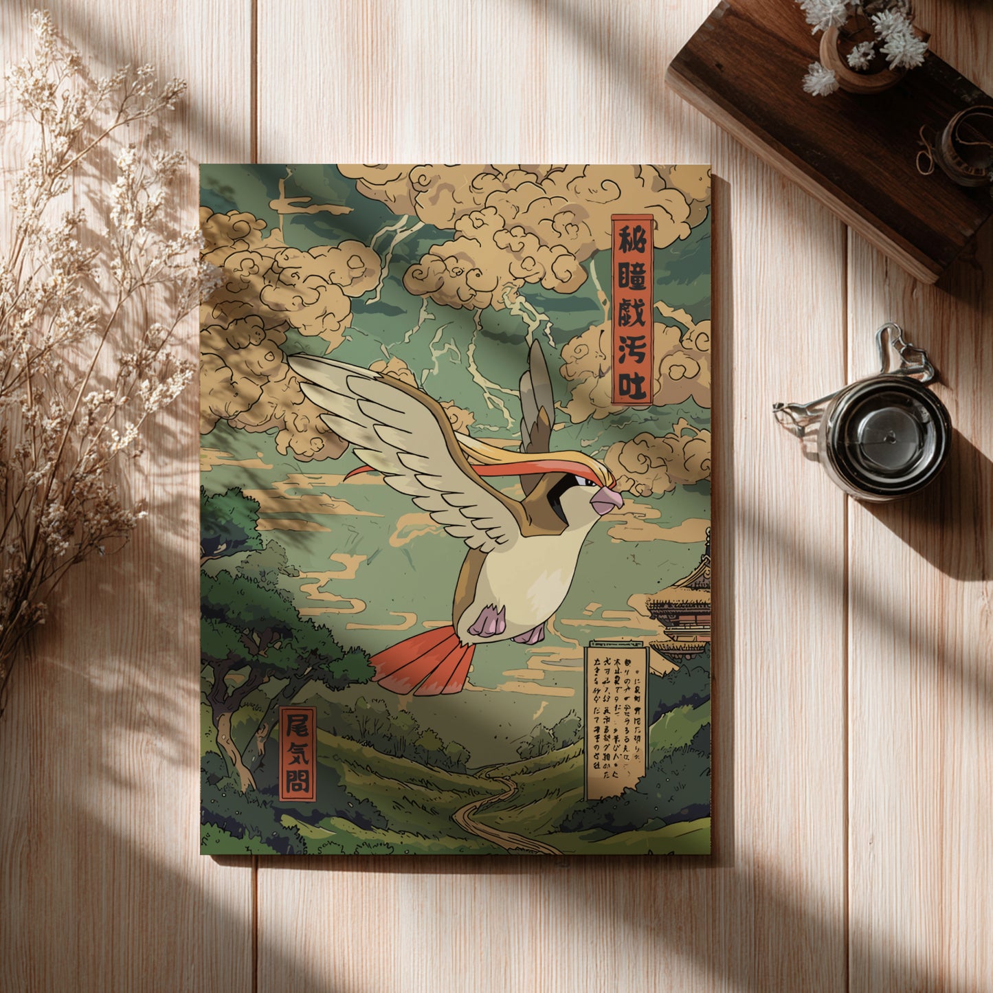 Poster with a decorative cover featuring Pidgeot Pokemon and traditional design on a wooden surface.