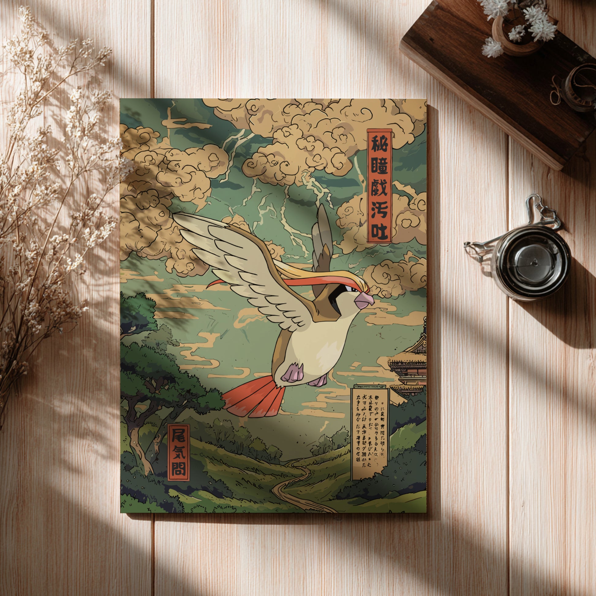 Poster with a decorative cover featuring Pidgeot Pokemon and traditional design on a wooden surface.