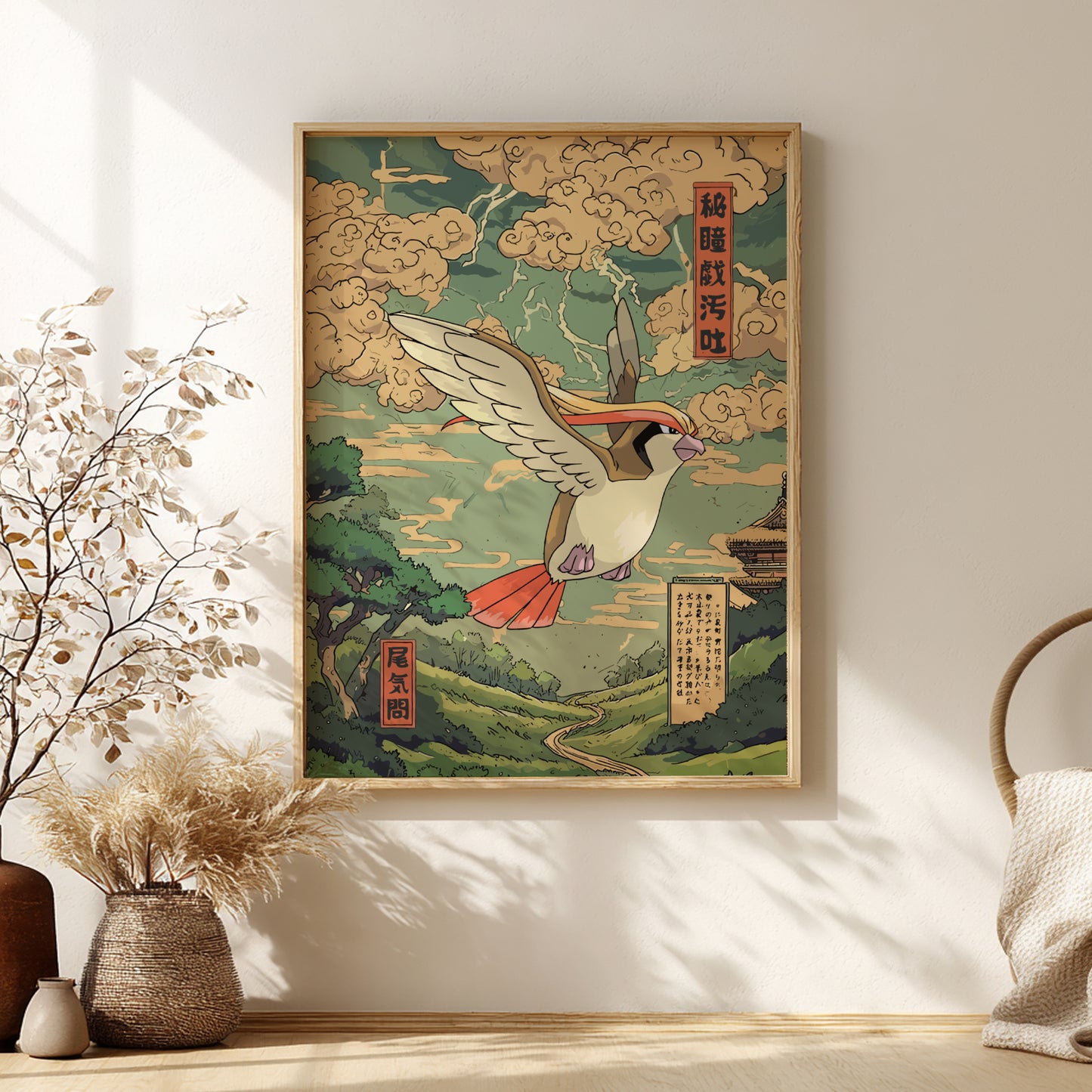 Framed artwork of Pidgeot Pokemon in flight on a wall with decorative elements.