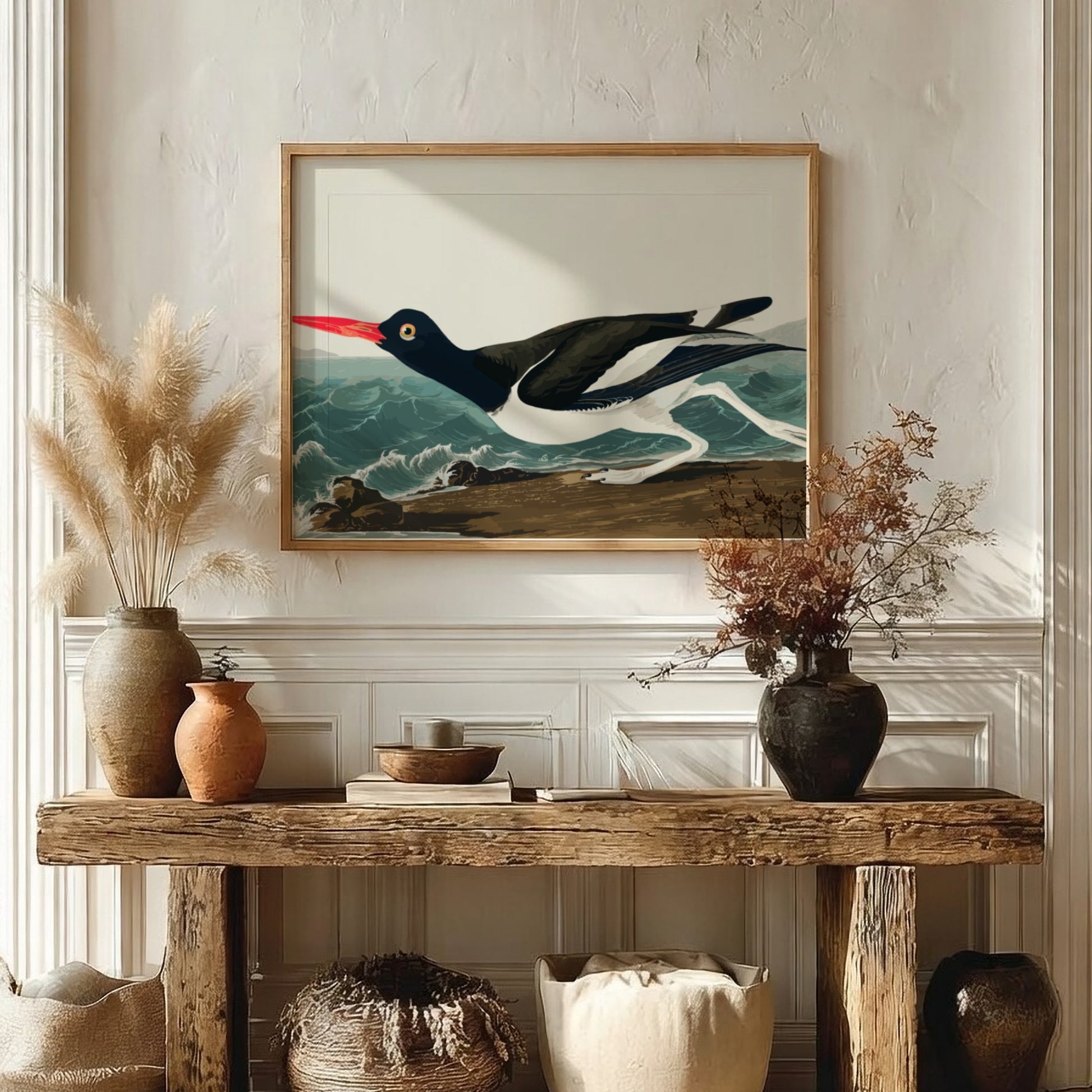 Pied Oystercatcher poster featuring a black and white bird in flight against an ocean backdrop, vintage art