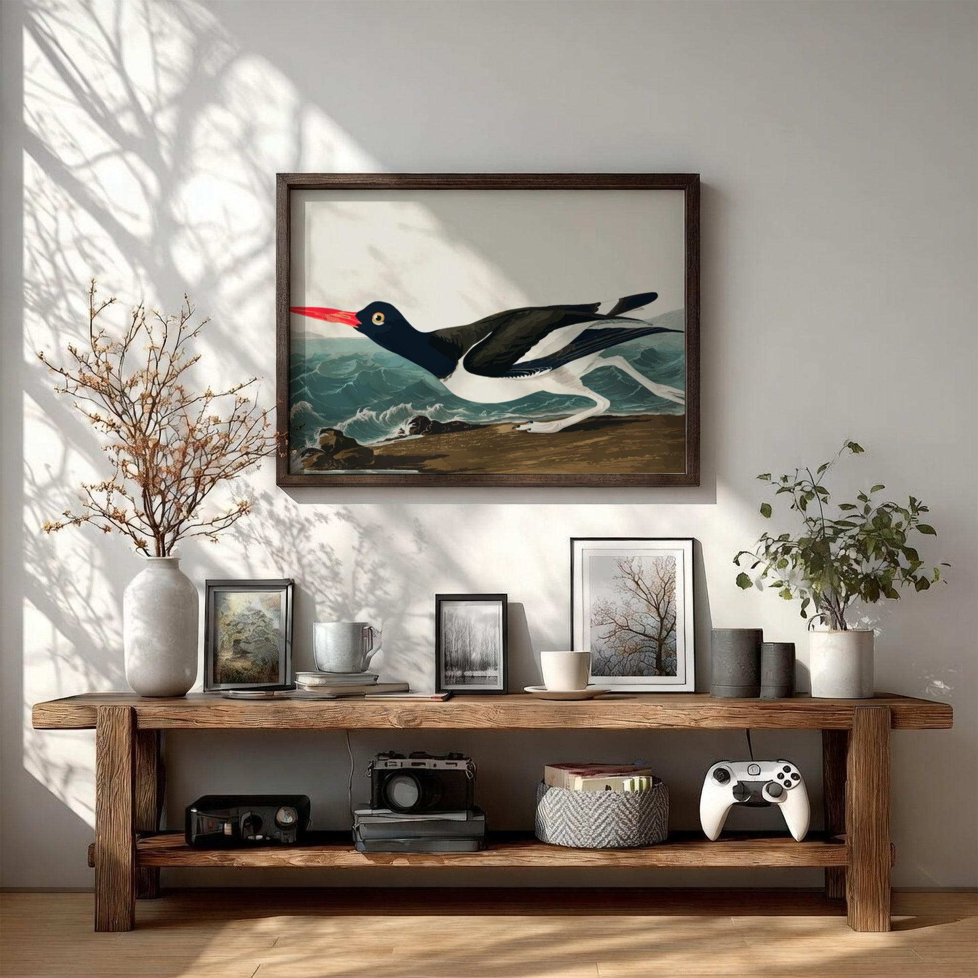 Pied Oystercatcher poster featuring a black and white bird in flight against an ocean backdrop, vintage art