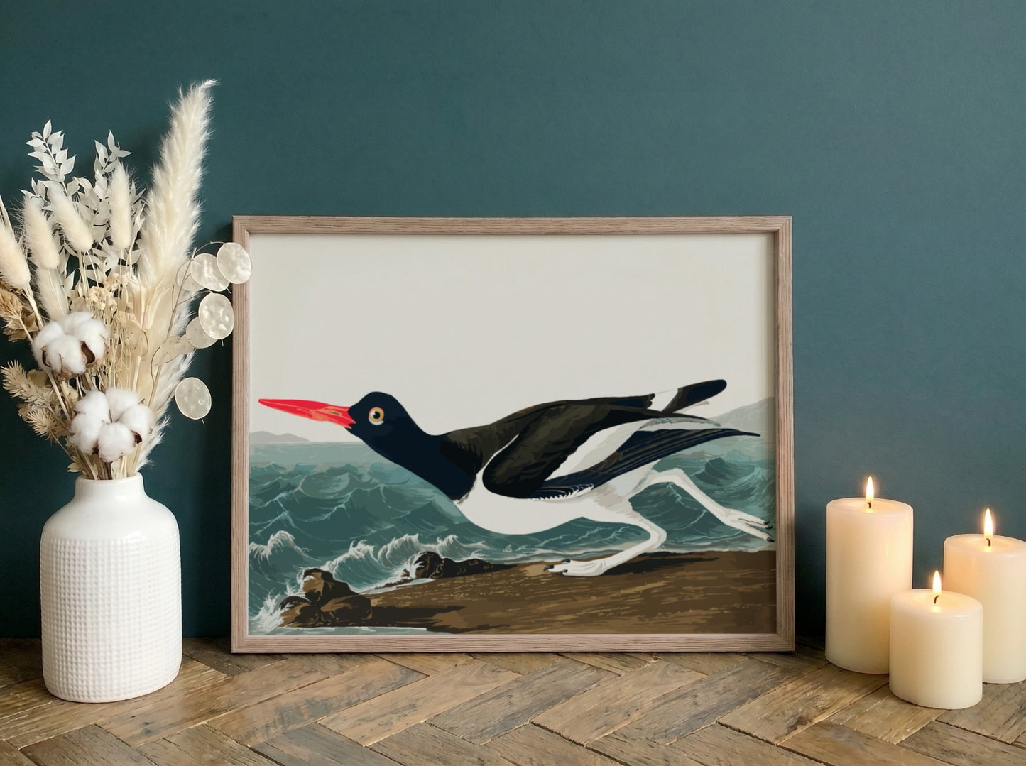 Pied Oystercatcher poster featuring a black and white bird in flight against an ocean backdrop, vintage art