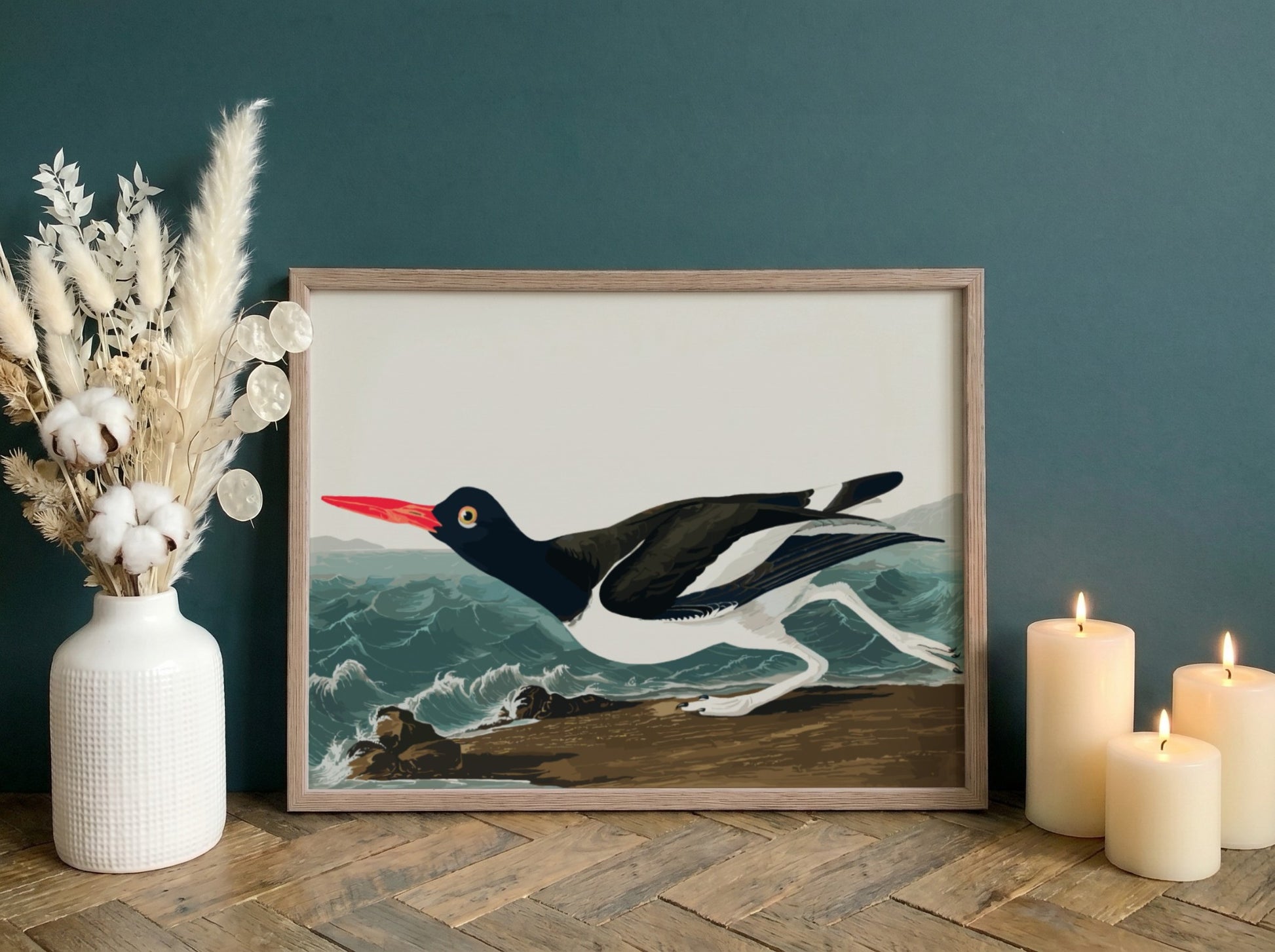 Pied Oystercatcher poster featuring a black and white bird in flight against an ocean backdrop, vintage art