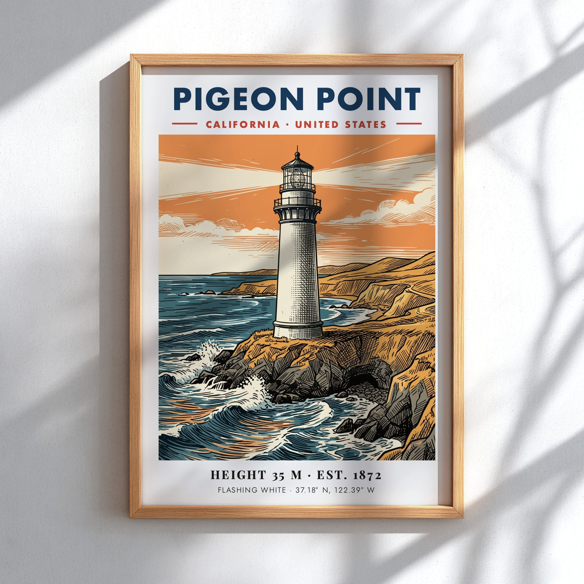 Poster of Pigeon Point Lighthouse on California cliffs with blue waves and orange sunset.