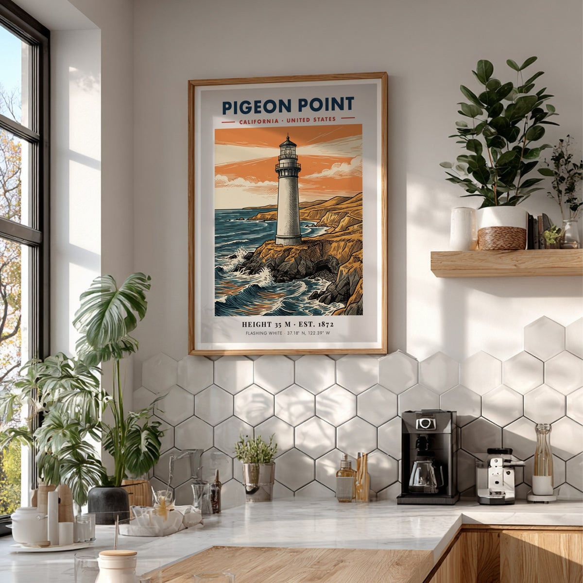 Poster of Pigeon Point Lighthouse on California cliffs with blue waves and orange sunset.