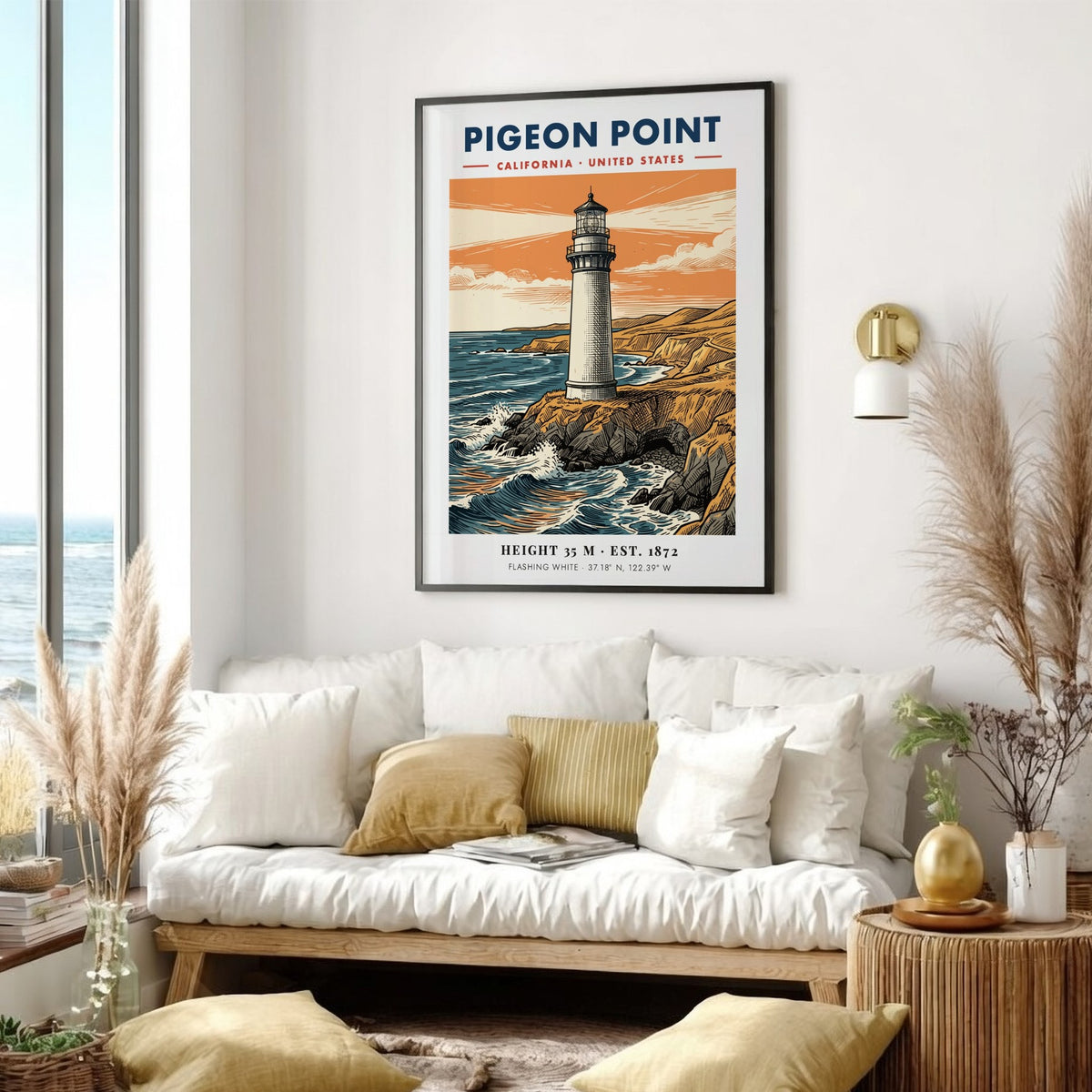 Poster of Pigeon Point Lighthouse on California cliffs with blue waves and orange sunset.