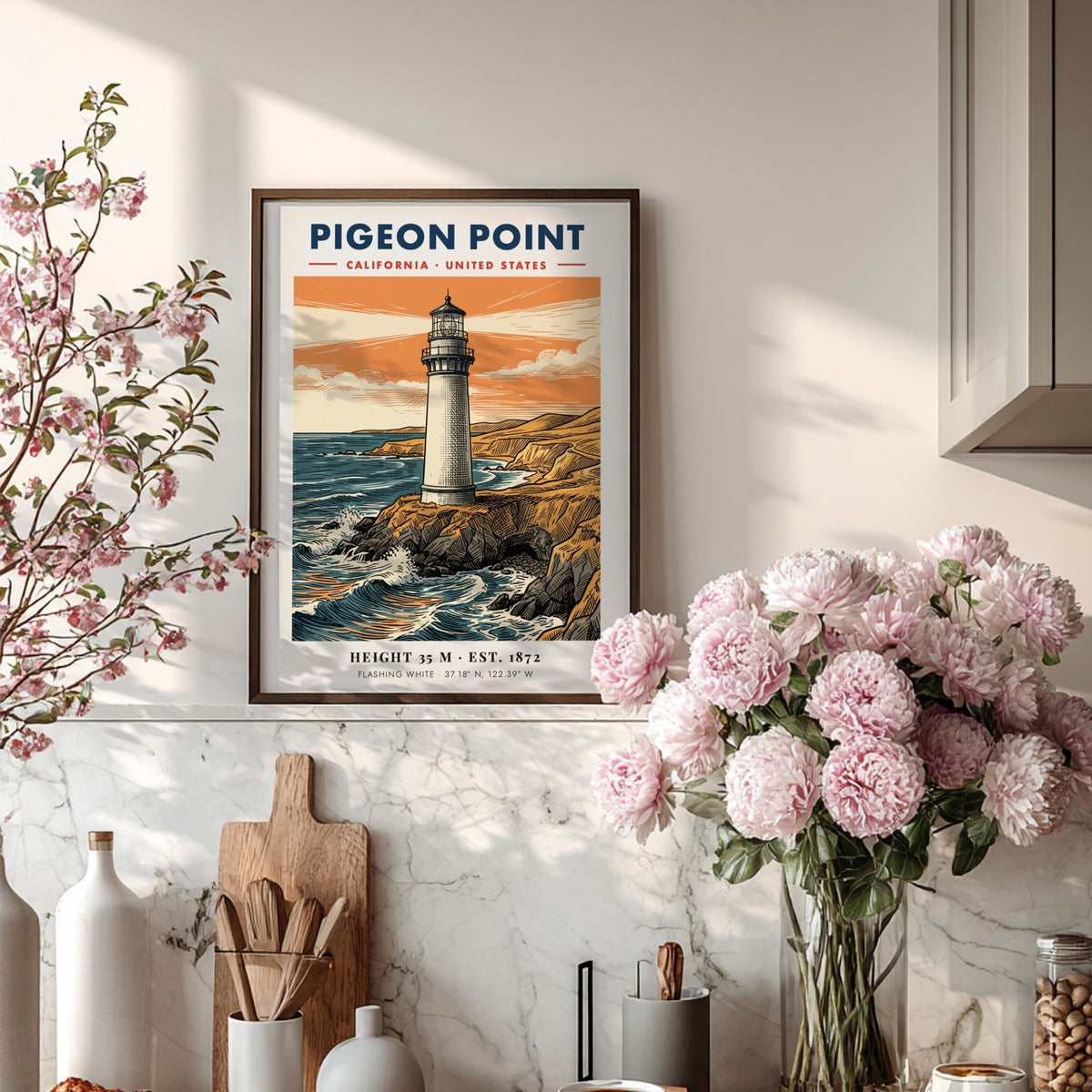 Poster of Pigeon Point Lighthouse on California cliffs with blue waves and orange sunset.
