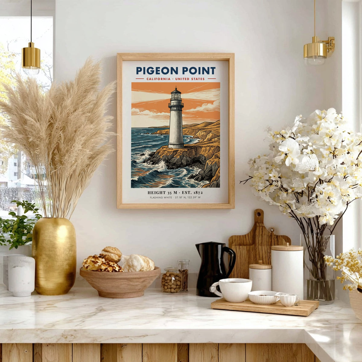 Poster of Pigeon Point Lighthouse on California cliffs with blue waves and orange sunset.