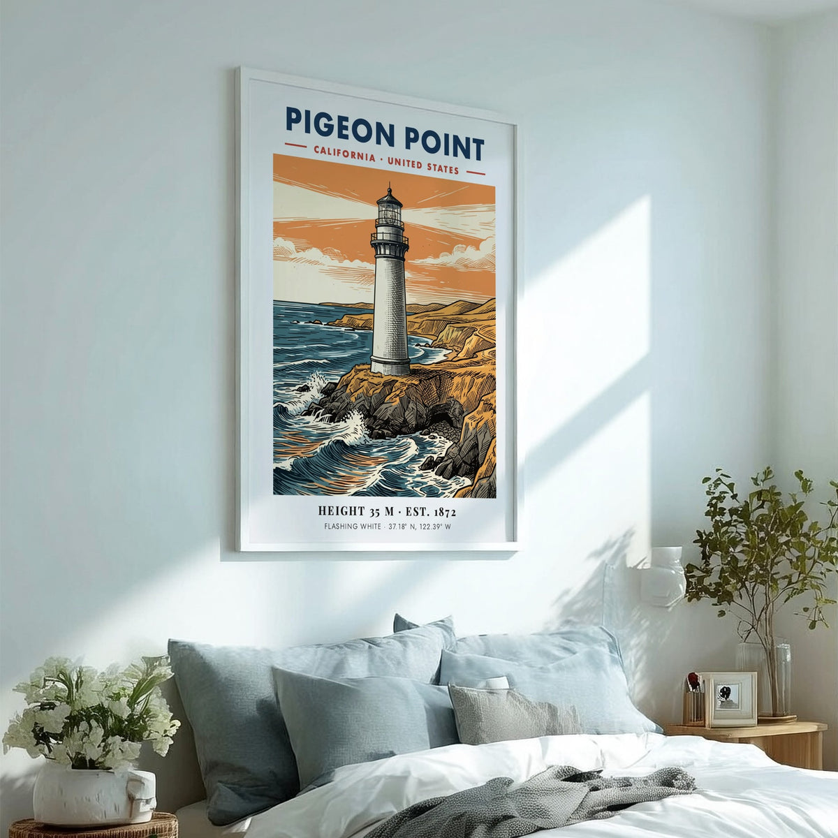 Poster of Pigeon Point Lighthouse on California cliffs with blue waves and orange sunset.