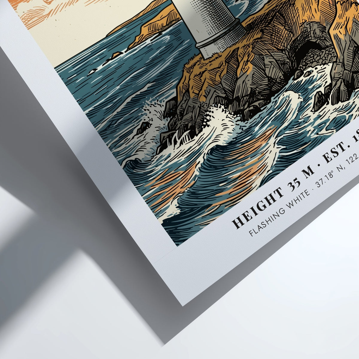Poster of Pigeon Point Lighthouse on California cliffs with blue waves and orange sunset.