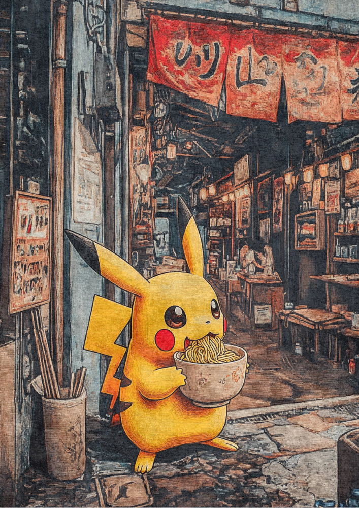 Pikachu Ramen Series Poster: Japanese Style Pokemon Inspired Anime Artwork, Pokemon Pikachu.