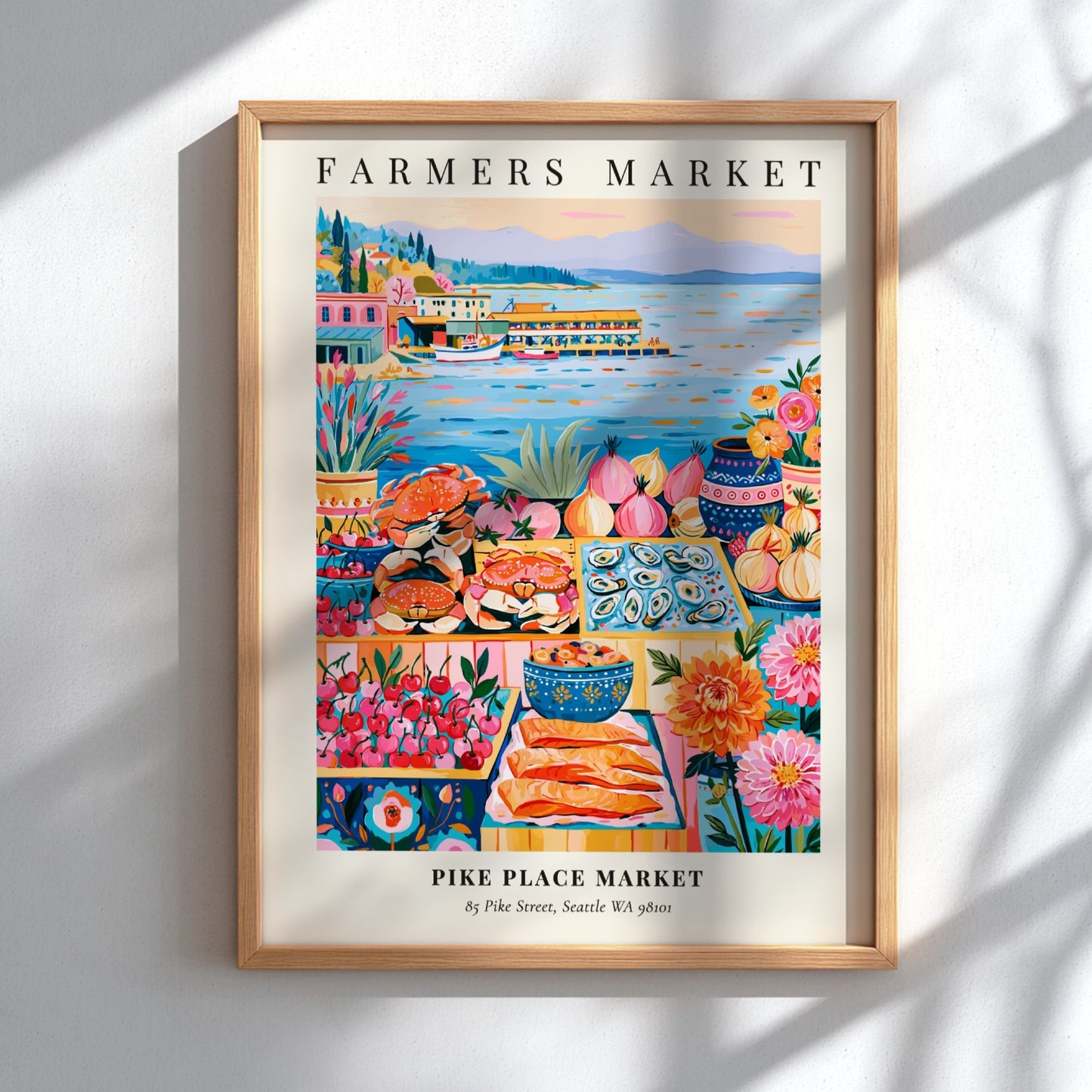 Pike Place Market poster featuring vibrant colors and fresh produce in a lively farmers market scene