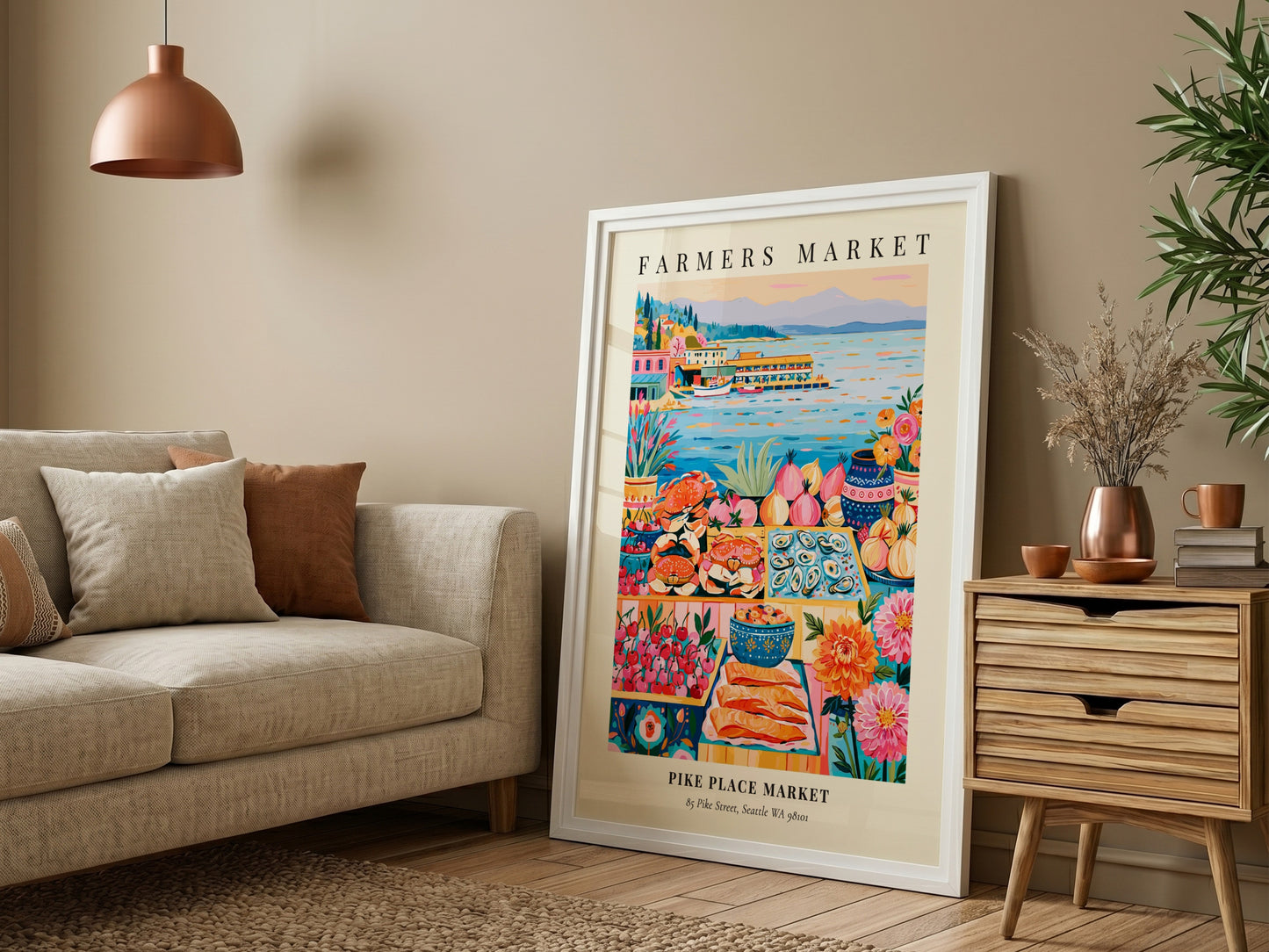 Pike Place Market poster featuring vibrant colors and fresh produce in a lively farmers market scene