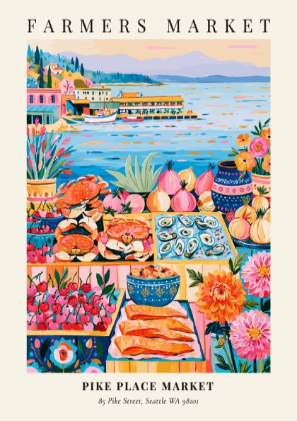 Pike Place Market poster featuring vibrant colors and fresh produce in a lively farmers market scene