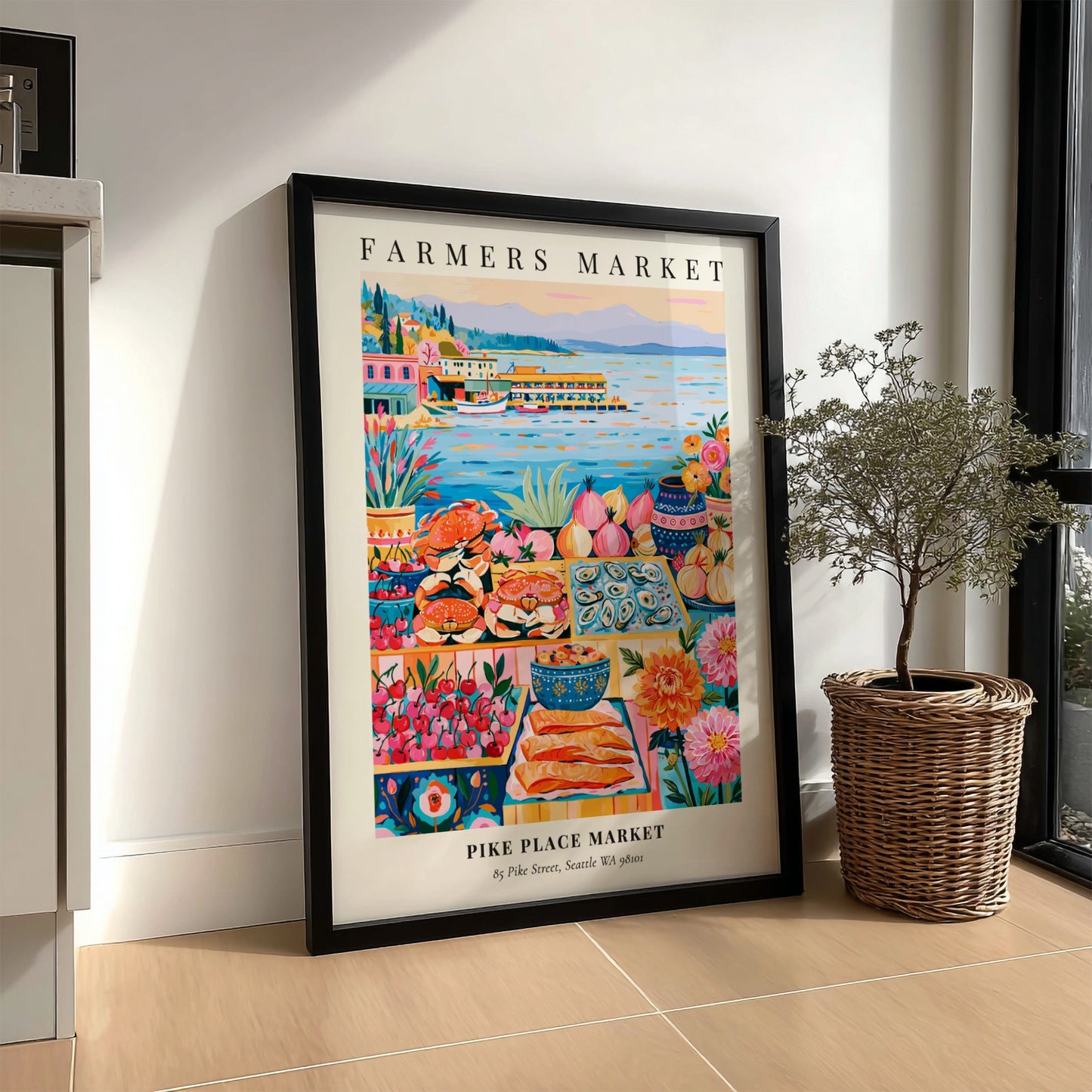 Pike Place Market poster featuring vibrant colors and fresh produce in a lively farmers market scene