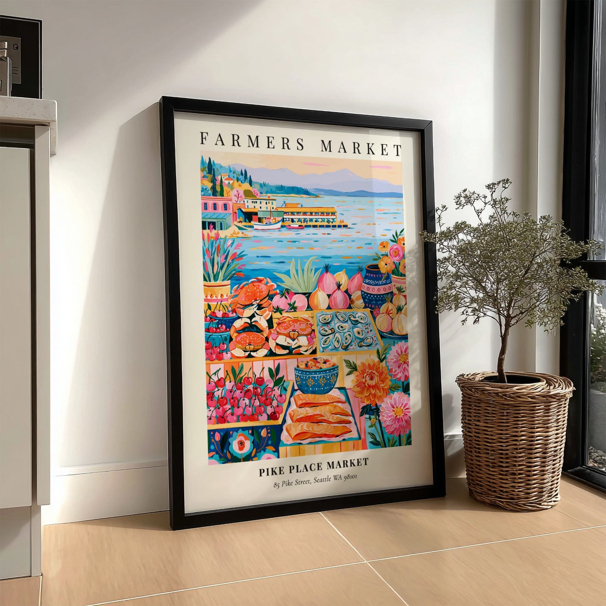 Pike Place Market poster featuring vibrant colors and fresh produce in a lively farmers market scene