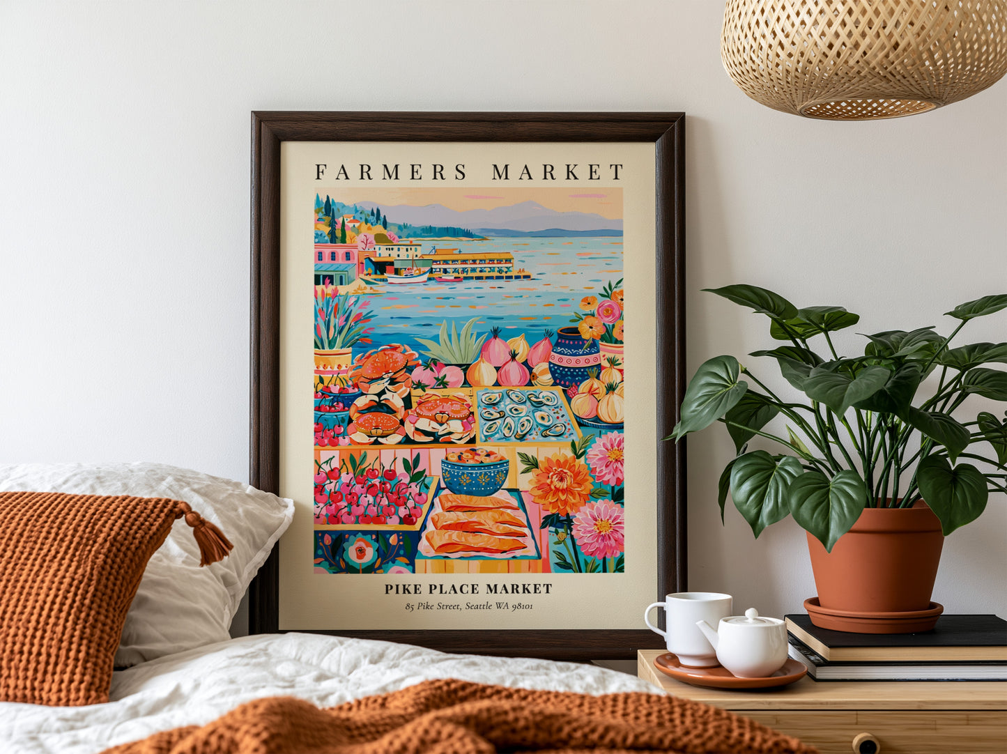 Pike Place Market poster featuring vibrant colors and fresh produce in a lively farmers market scene