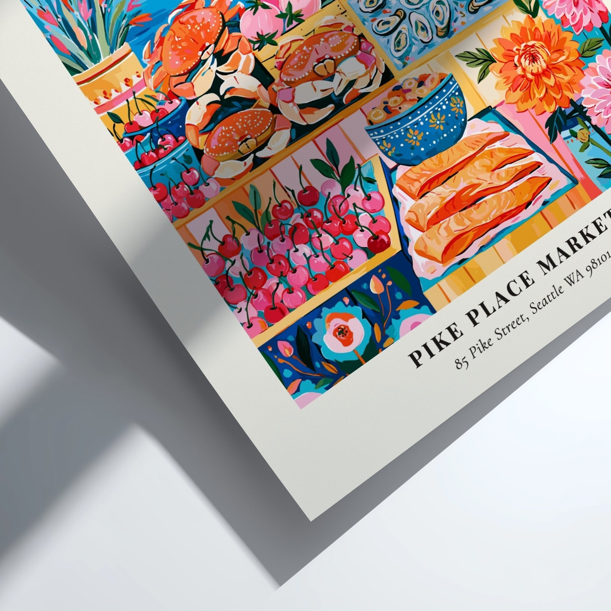 Pike Place Market poster featuring vibrant colors and fresh produce in a lively farmers market scene